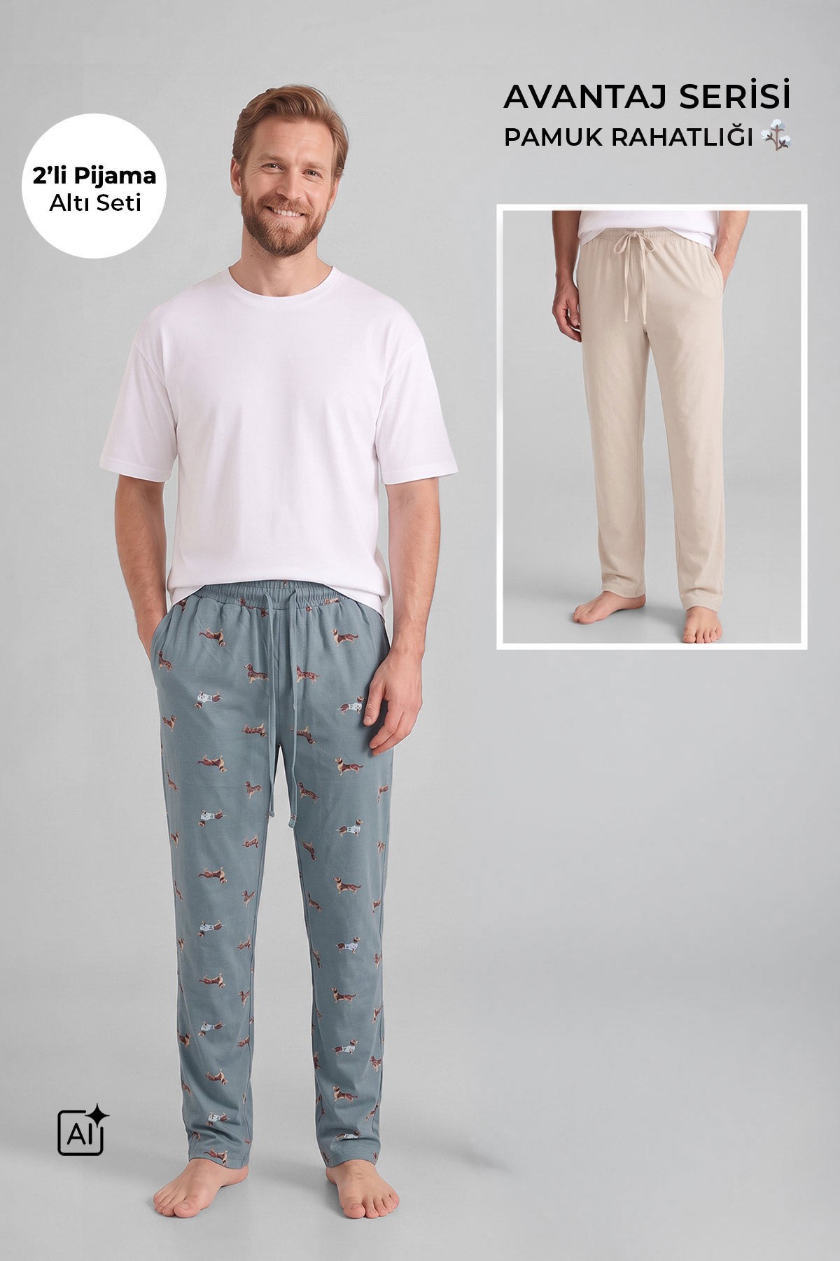 Mısırlı Pamuklu Erkek İkili Alt Pijama Baskılı Ada Çayı-Ekru