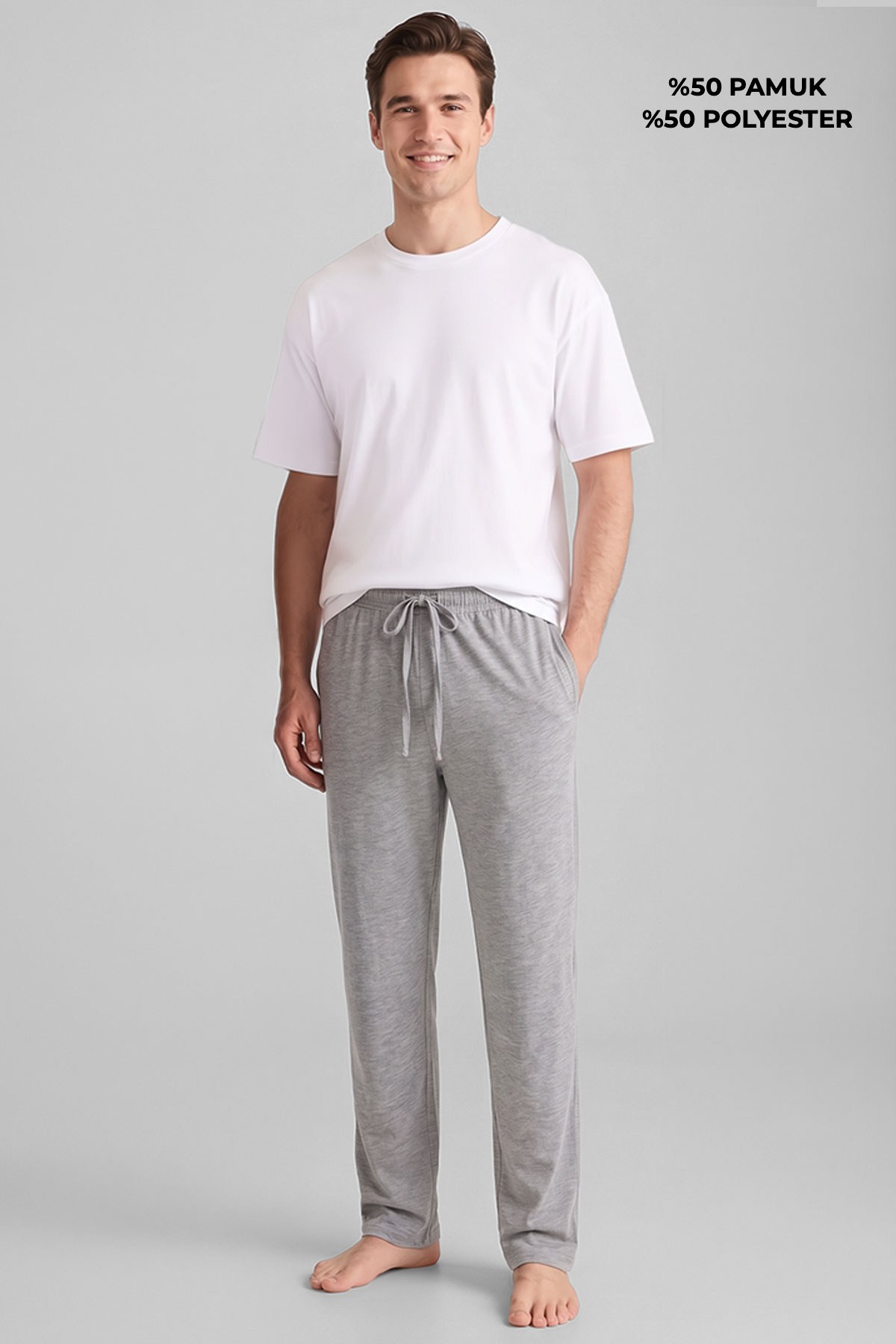 Mısırlı Pamuklu Erkek İkili Alt Pijama Baskılı İndigo-Gri Melanj