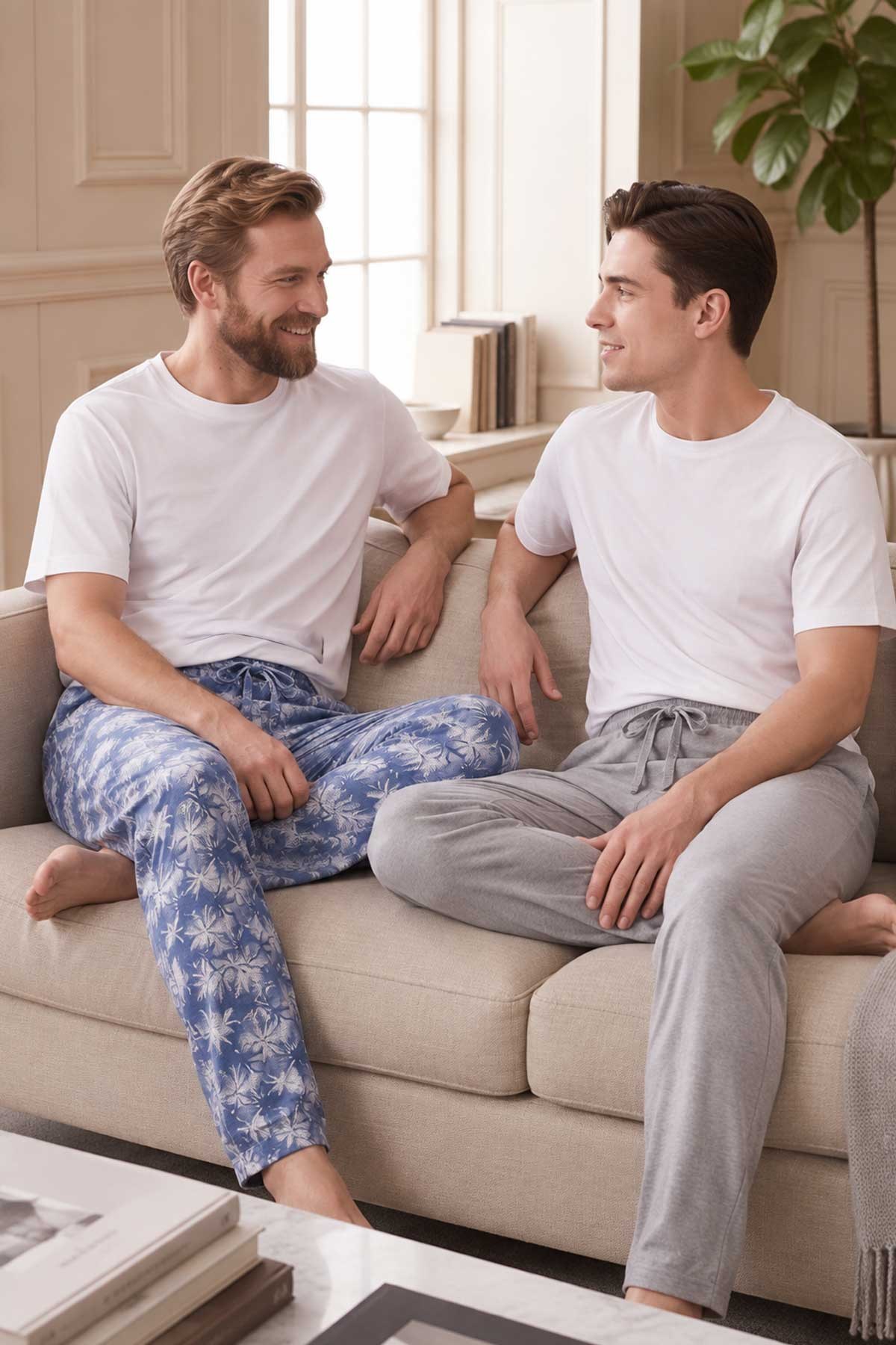 Mısırlı Pamuklu Erkek İkili Alt Pijama Baskılı İndigo-Gri Melanj