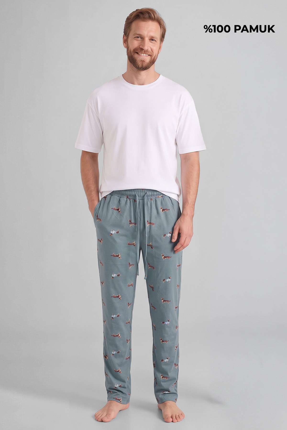 Mısırlı Pamuklu Erkek İkili Alt Pijama Baskılı Ada Çayı-Ekru
