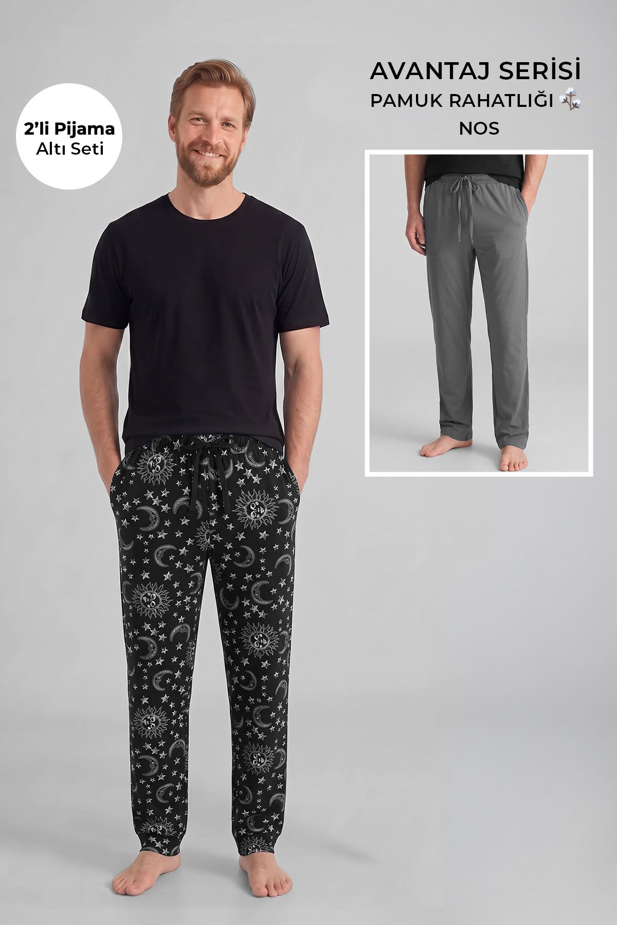 Mısırlı Pamuklu Erkek İkili Alt Pijama Baskılı Siyah-Koyu Gri
