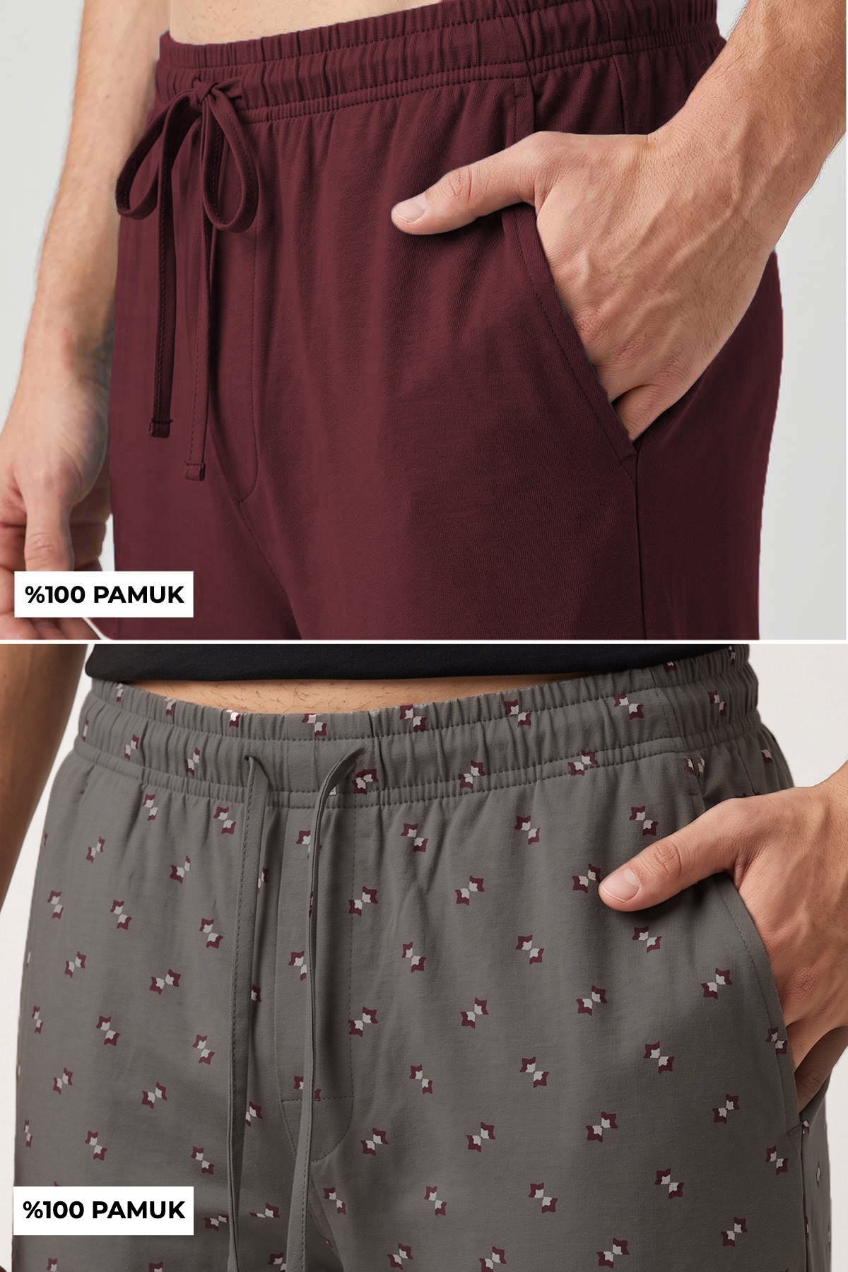 Mısırlı Pamuklu Erkek İkili Alt Pijama Antrasit Gri-Bordo
