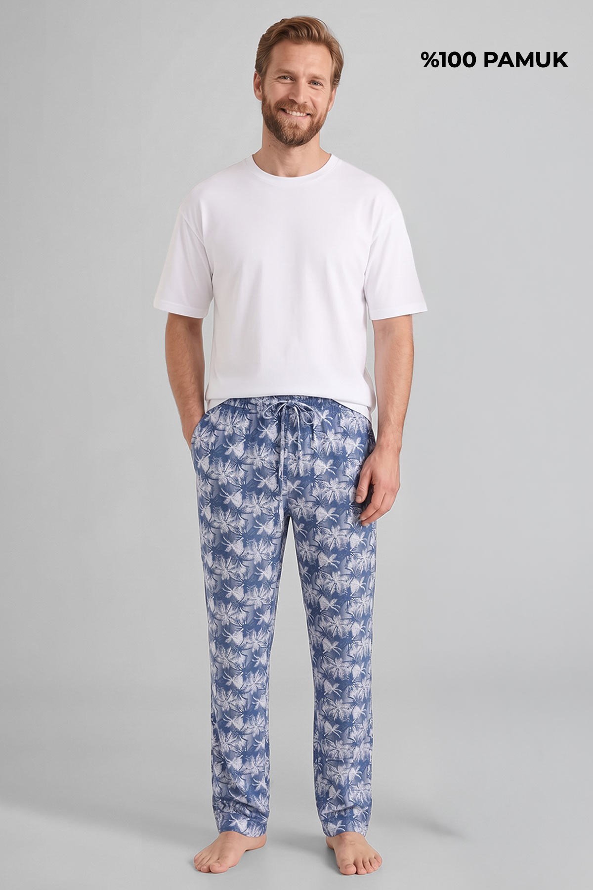 Mısırlı Pamuklu Erkek İkili Alt Pijama Baskılı İndigo-Gri Melanj