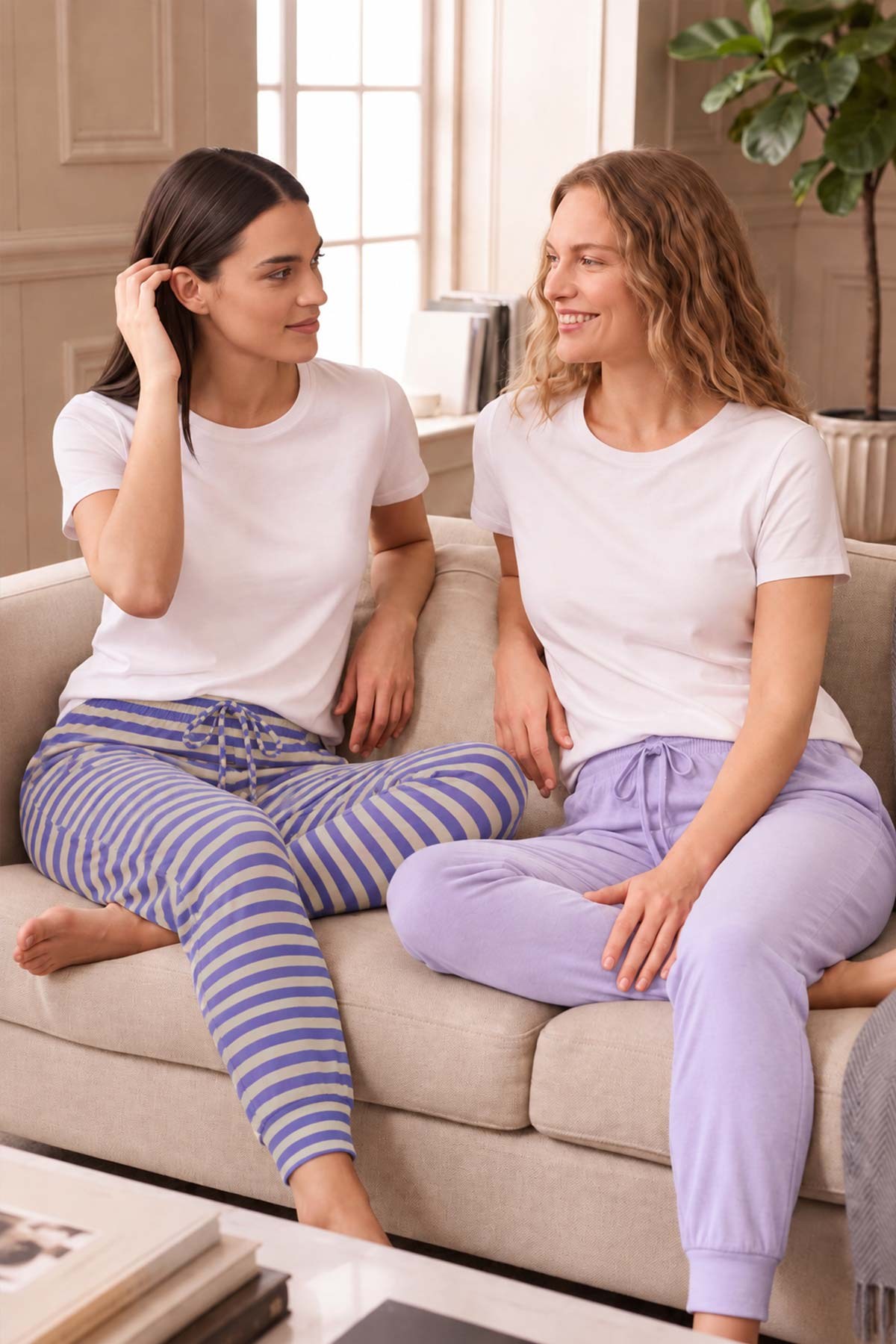 Mısırlı Pamuklu Kadın İkili Alt Pijama Çizgili Mor-Açık Leylak