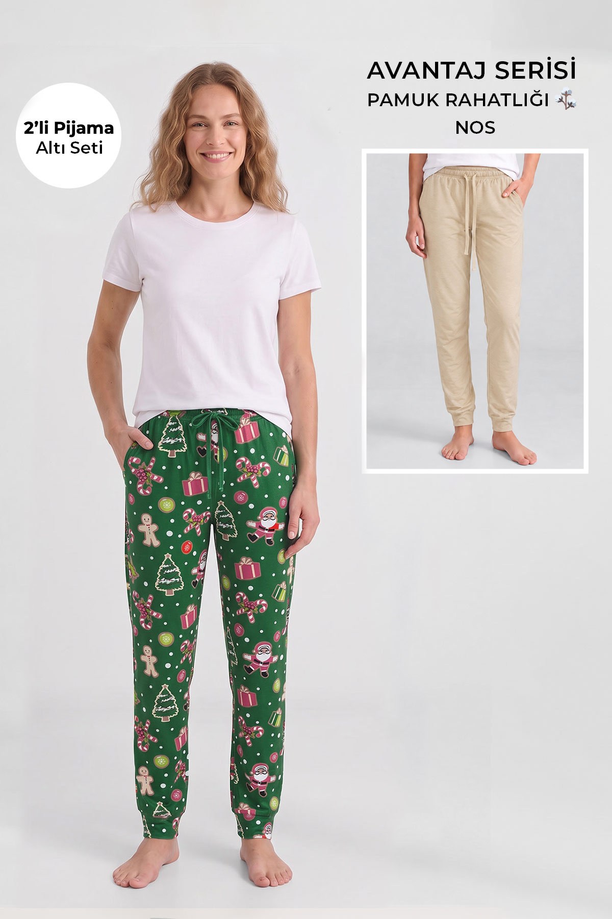 Mısırlı Pamuklu Kadın İkili Alt Pijama Baskılı Yeşil-Bej