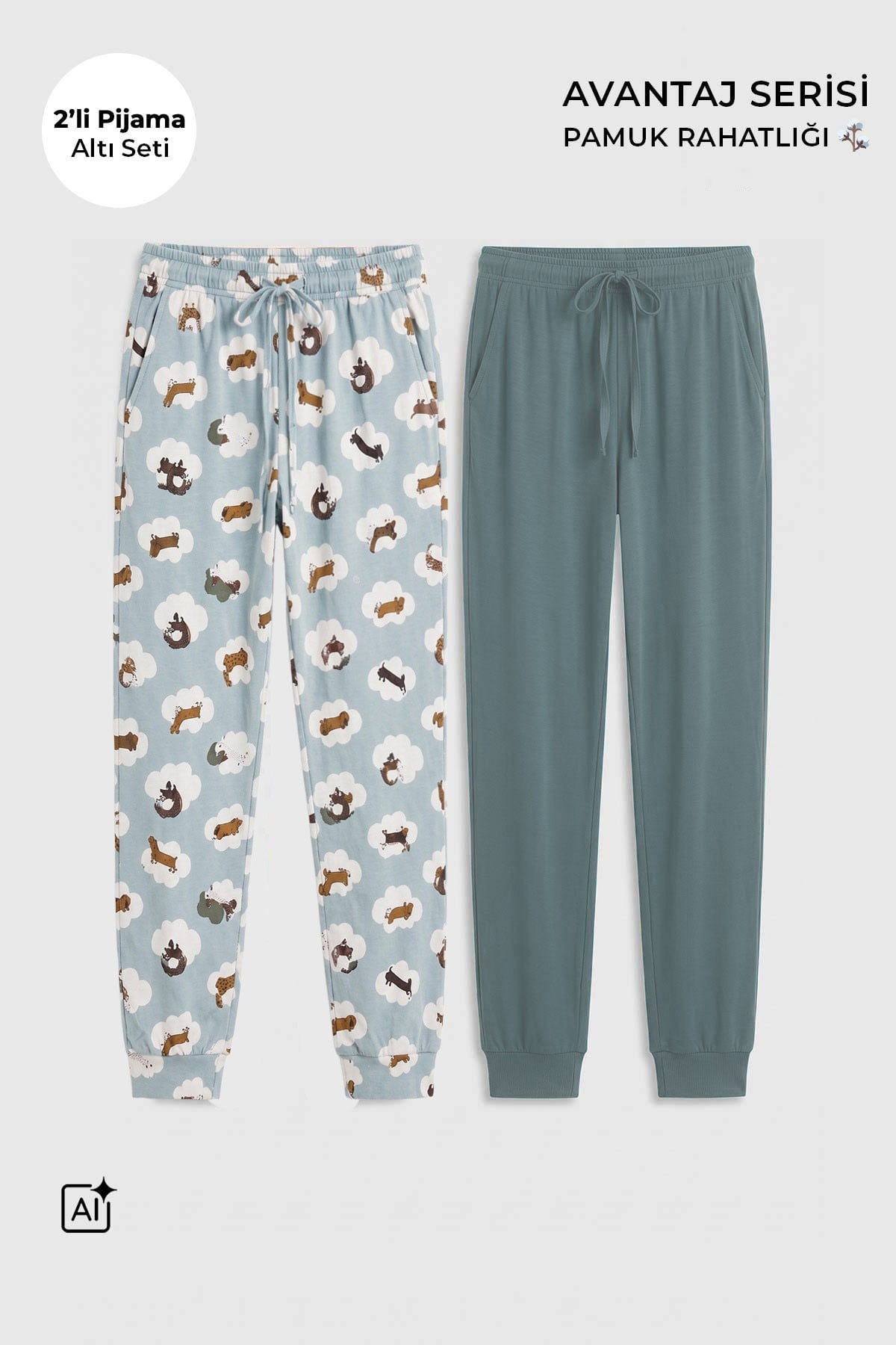 Mısırlı Pamuklu Kadın İkili Alt Pijama Baskılı Mint-Çağla Yeşil