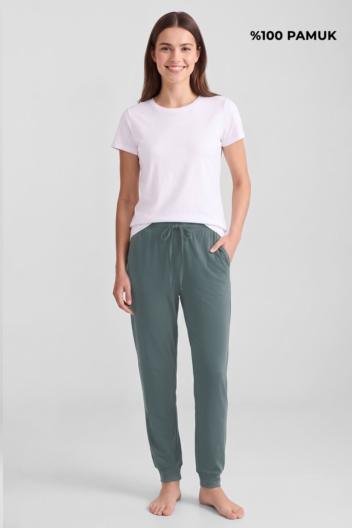 Mısırlı Pamuklu Kadın İkili Alt Pijama Baskılı Mint-Çağla Yeşil