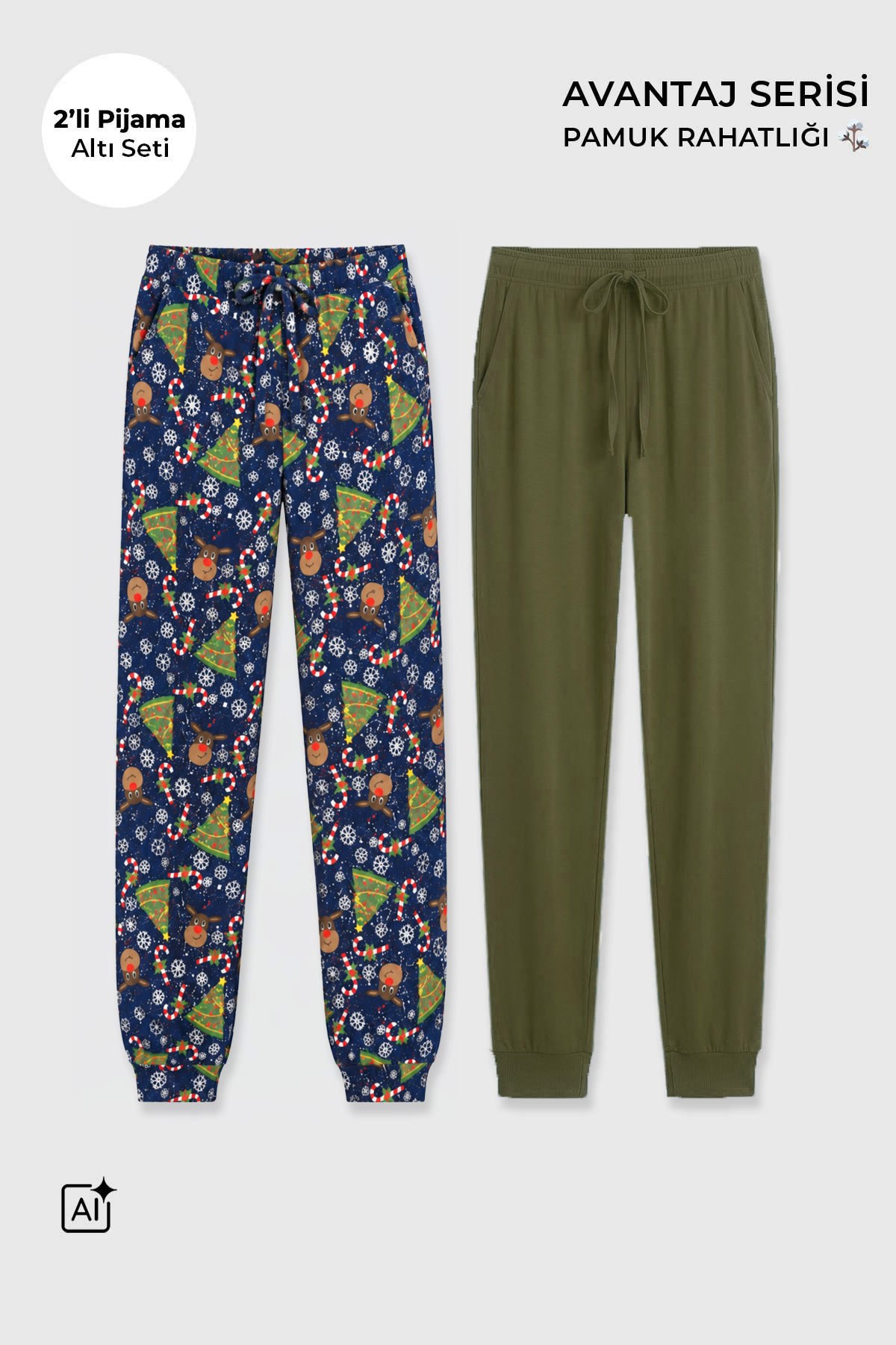 Mısırlı Pamuklu Kadın İkili Alt Pijama Baskılı Lacivert-Açık Haki