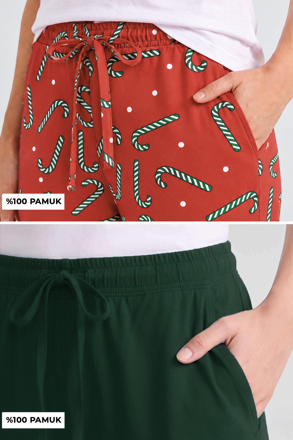 Mısırlı Pamuklu Kadın İkili Alt Pijama Baskılı Oranj-Koyu Yeşil