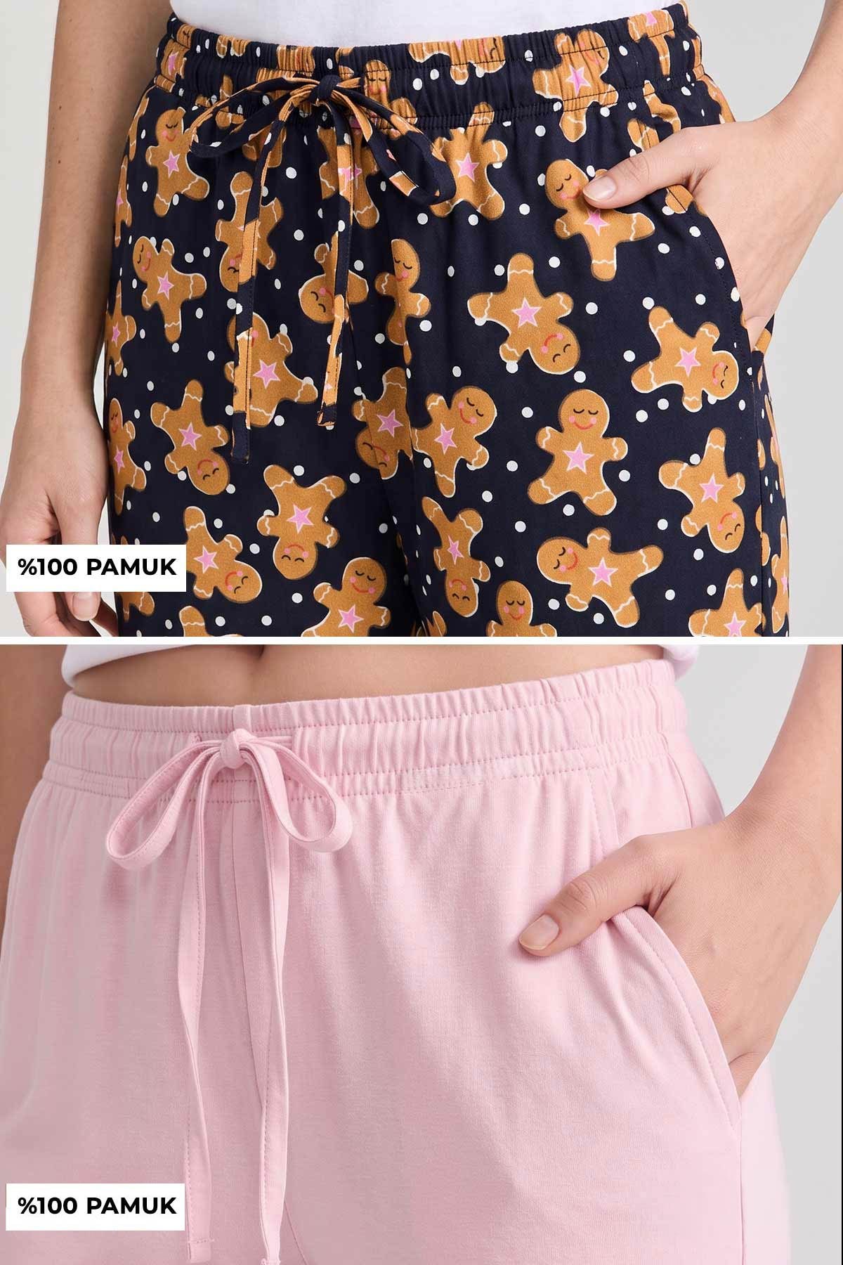 Mısırlı Pamuklu Kadın İkili Alt Pijama Baskılı Lacivert-Pembe