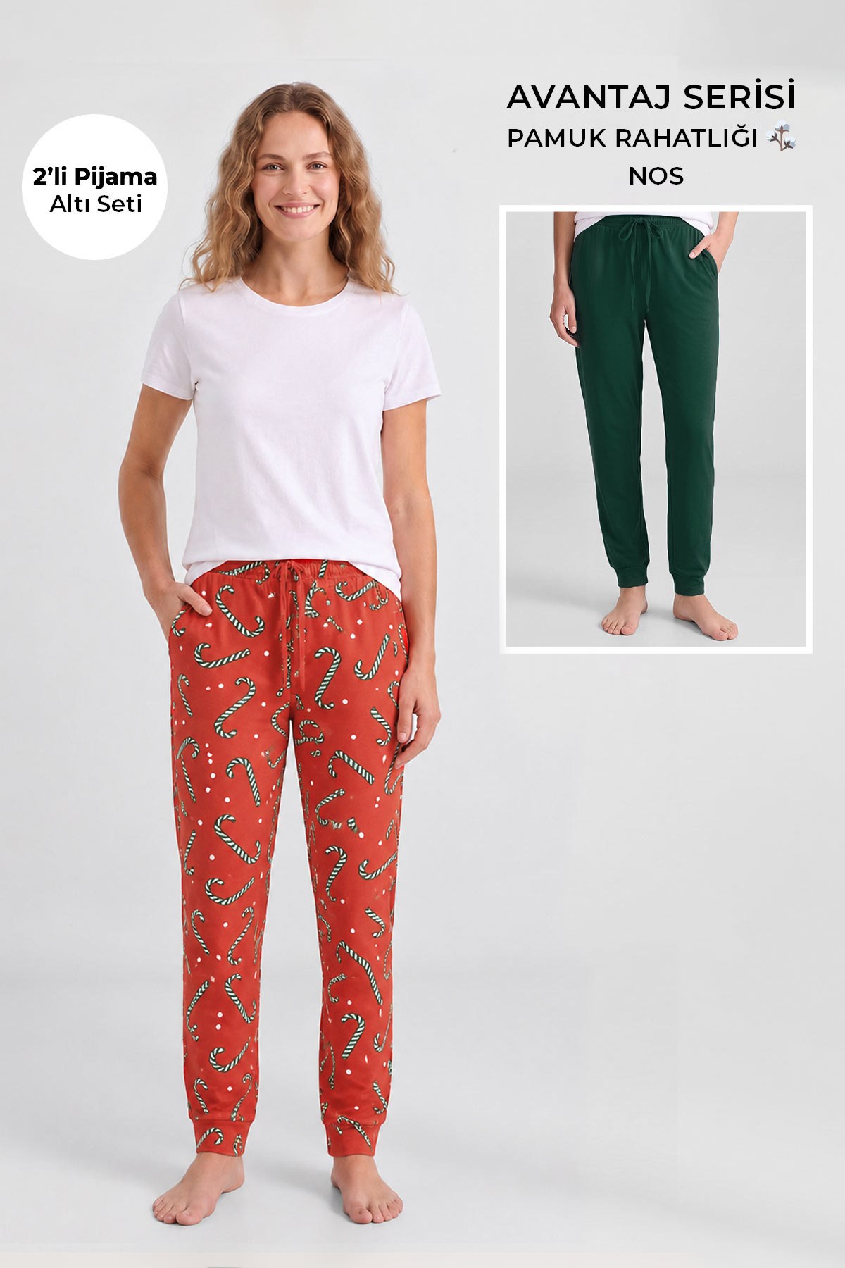 Mısırlı Pamuklu Kadın İkili Alt Pijama Baskılı Oranj-Koyu Yeşil