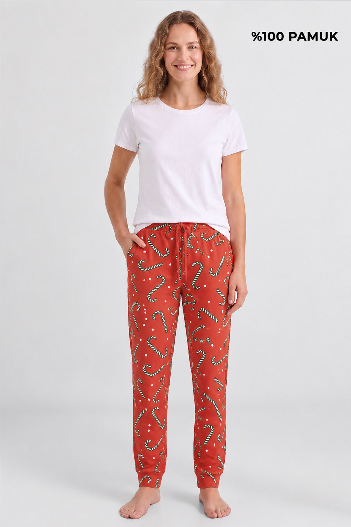 Mısırlı Pamuklu Kadın İkili Alt Pijama Baskılı Oranj-Koyu Yeşil