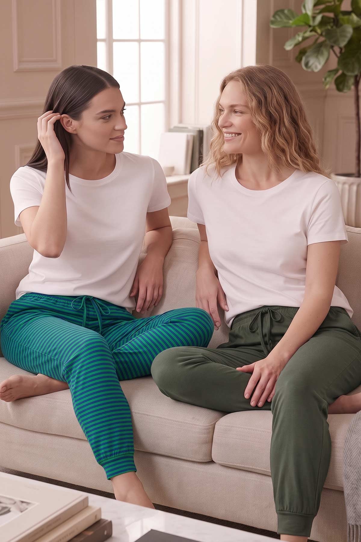 Mısırlı Pamuklu Kadın İkili Alt Pijama Çizgili Yeşil-Haki