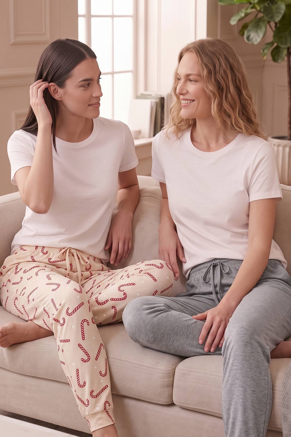 Mısırlı Pamuklu Kadın İkili Alt Pijama Baskılı Ekru-Gri Melanj