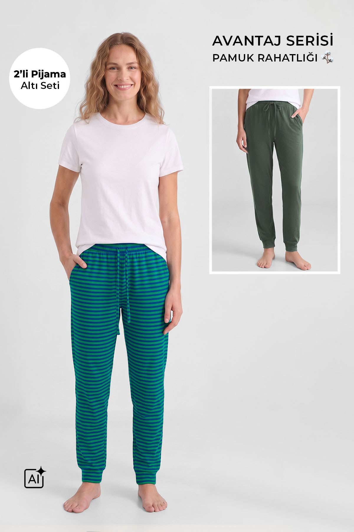 Mısırlı Pamuklu Kadın İkili Alt Pijama Çizgili Yeşil-Haki