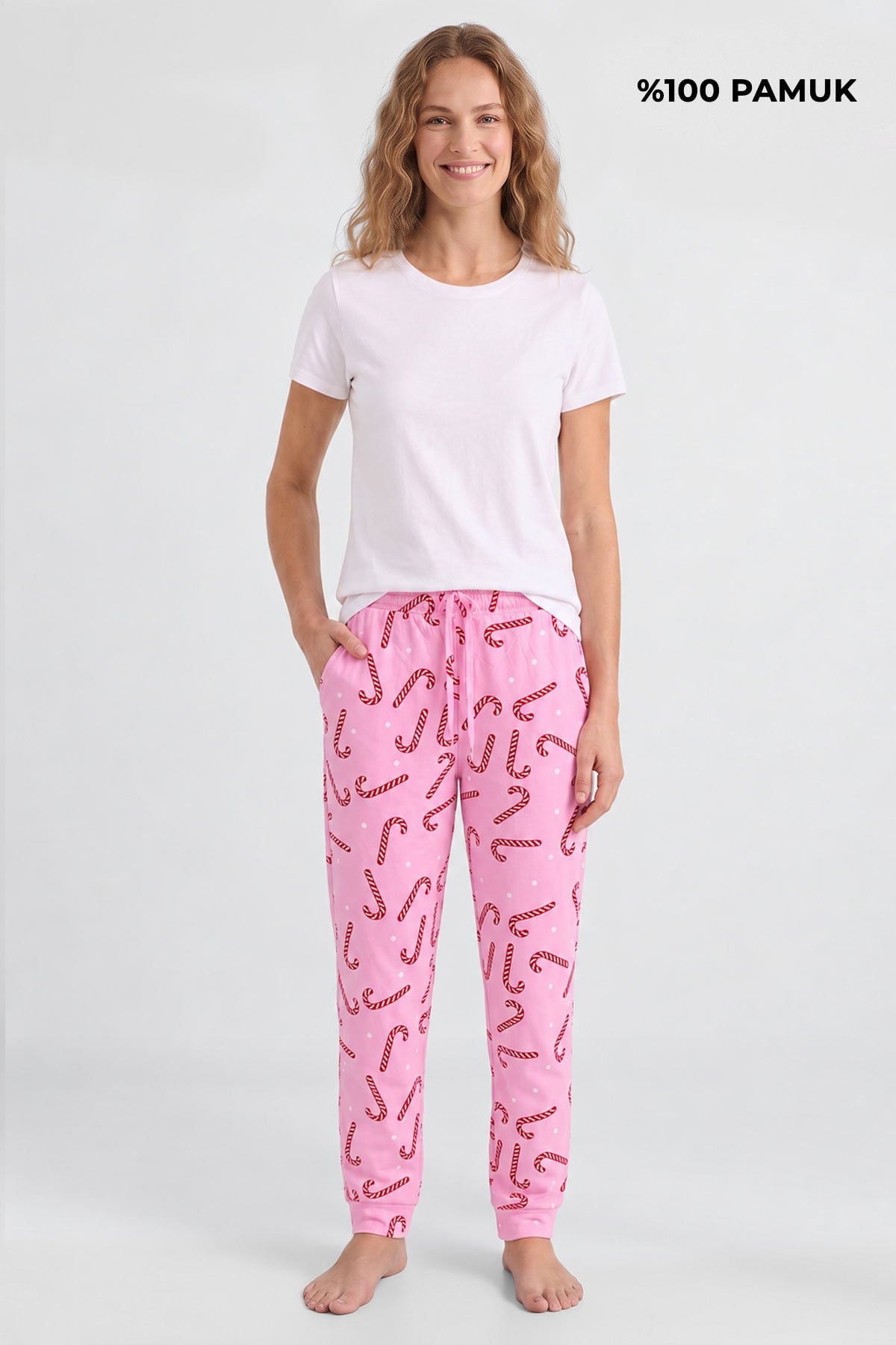 Mısırlı Pamuklu Kadın İkili Alt Pijama Baskılı Pembe-Gri Melanj