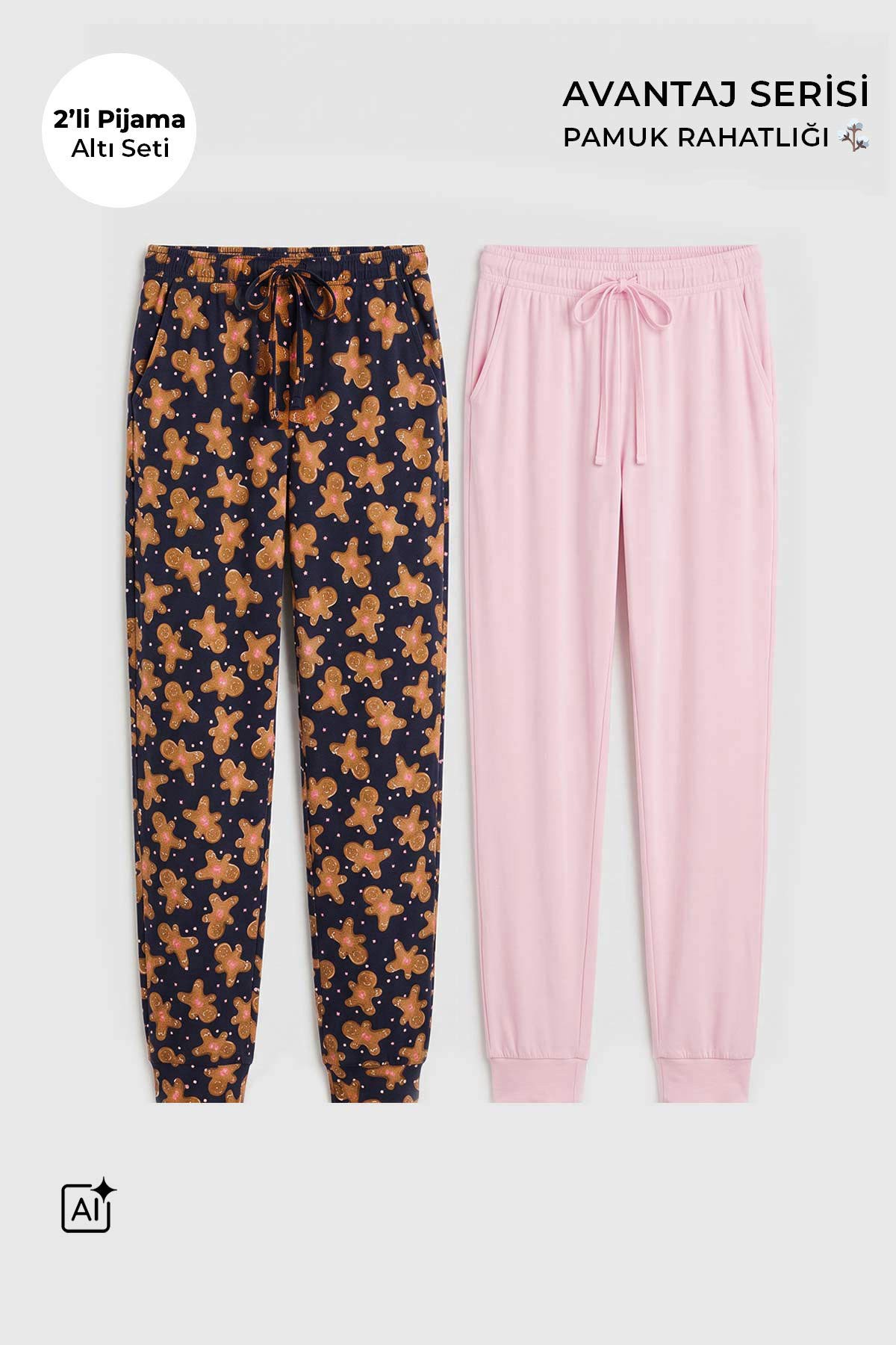 Mısırlı Pamuklu Kadın İkili Alt Pijama Baskılı Lacivert-Pembe