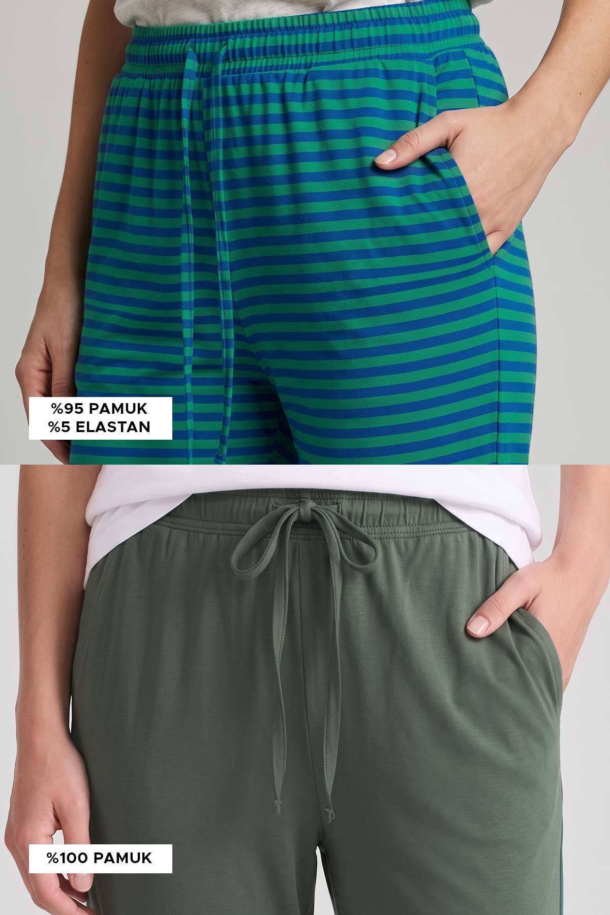 Mısırlı Pamuklu Kadın İkili Alt Pijama Çizgili Yeşil-Haki