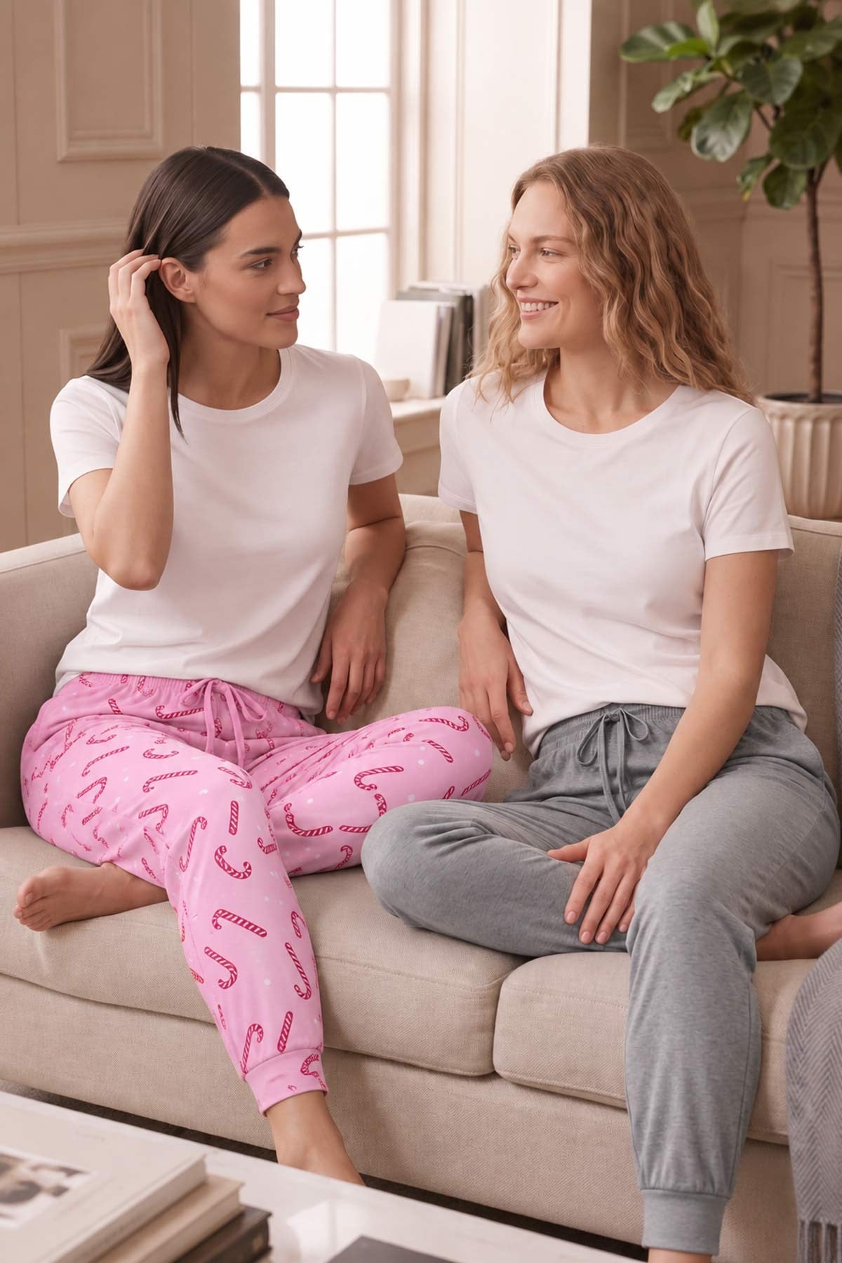 Mısırlı Pamuklu Kadın İkili Alt Pijama Baskılı Pembe-Gri Melanj