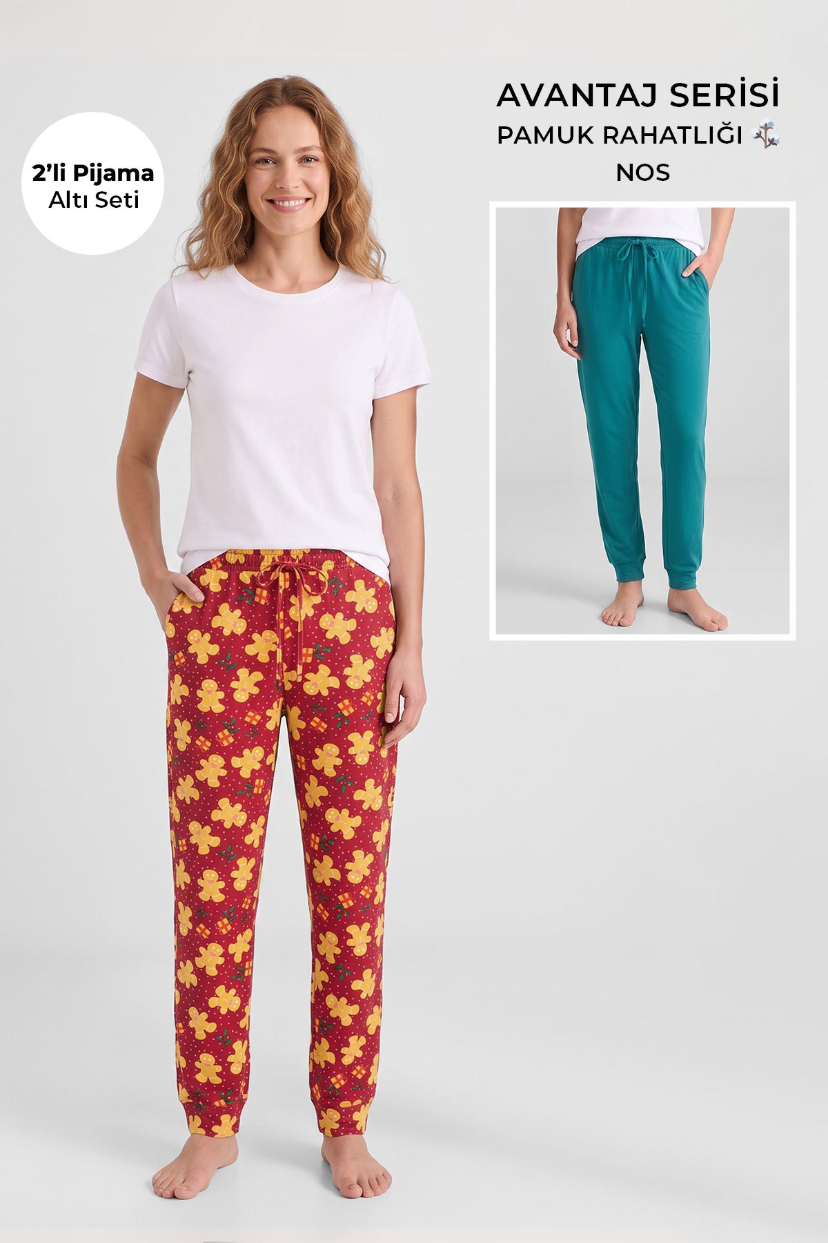 Mısırlı Pamuklu Kadın İkili Alt Pijama Baskılı Kırmızı-Yeşil