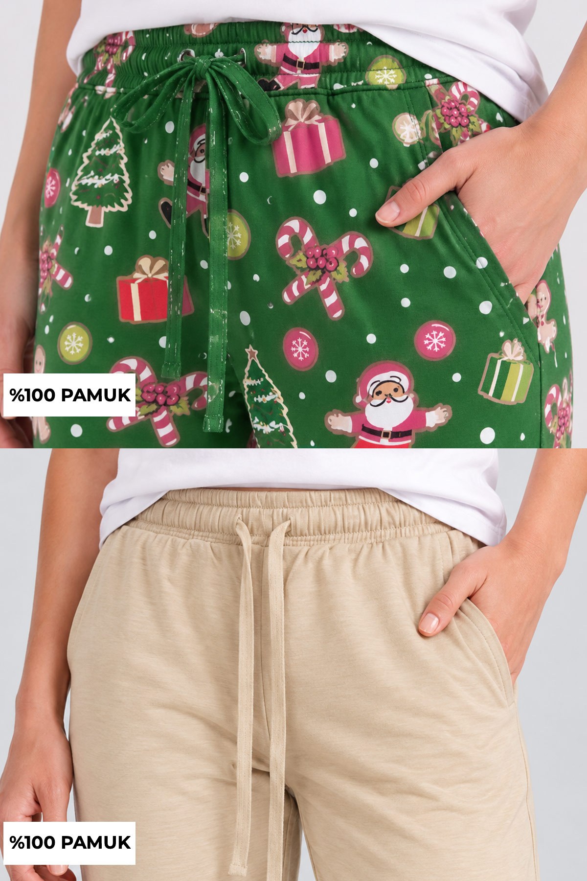 Mısırlı Pamuklu Kadın İkili Alt Pijama Baskılı Yeşil-Bej