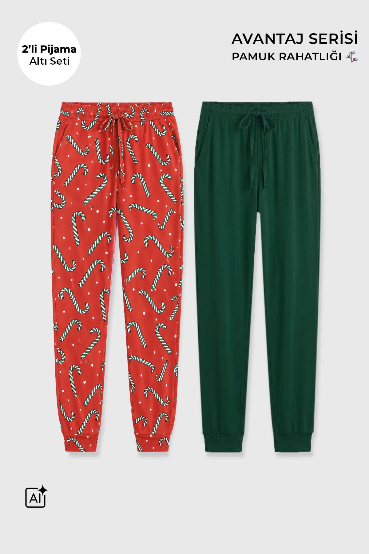 Mısırlı Pamuklu Kadın İkili Alt Pijama Baskılı Oranj-Koyu Yeşil