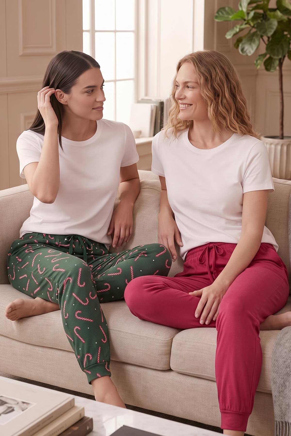 Mısırlı Pamuklu Kadın İkili Alt Pijama Baskılı Yeşil-Kırmızı
