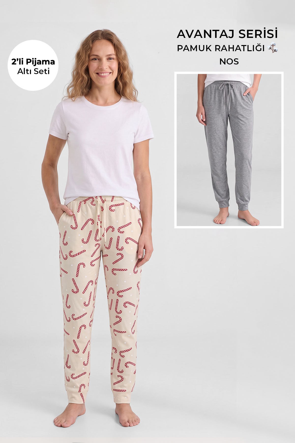 Mısırlı Pamuklu Kadın İkili Alt Pijama Baskılı Ekru-Gri Melanj