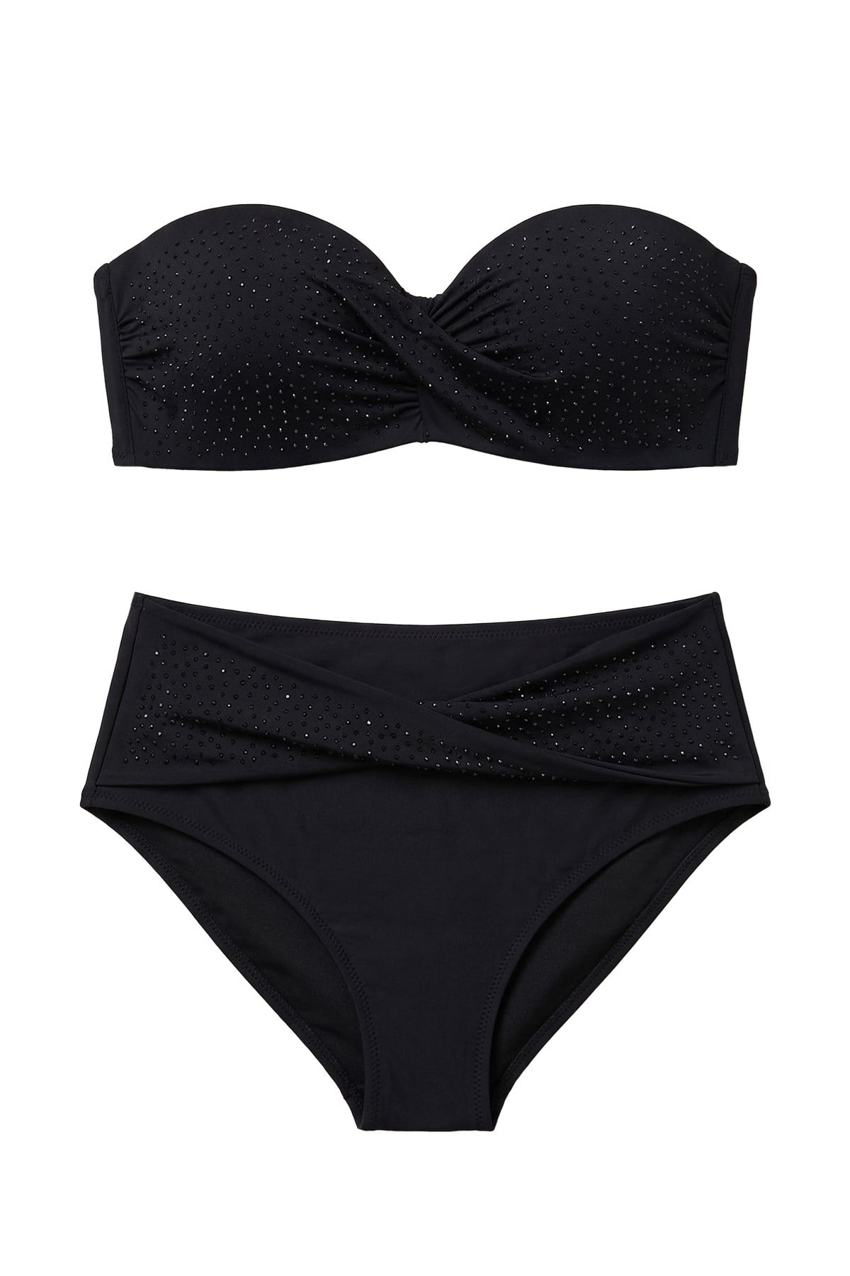 Mısırlı Taşlı Kaplı Straplez Bikini Takım Siyah