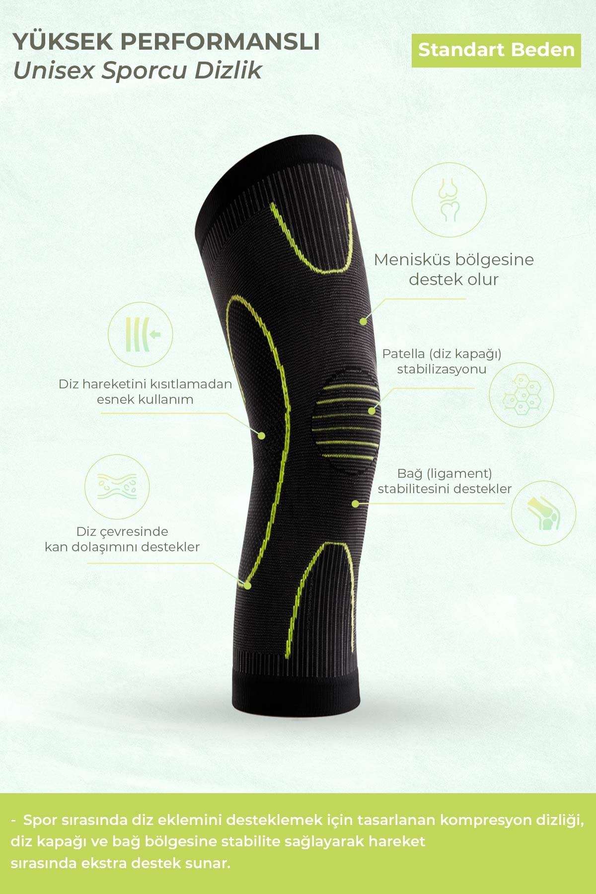 Mısırlı Unisex Medikal Dizlik Çorap Neon Yeşil/Siyah