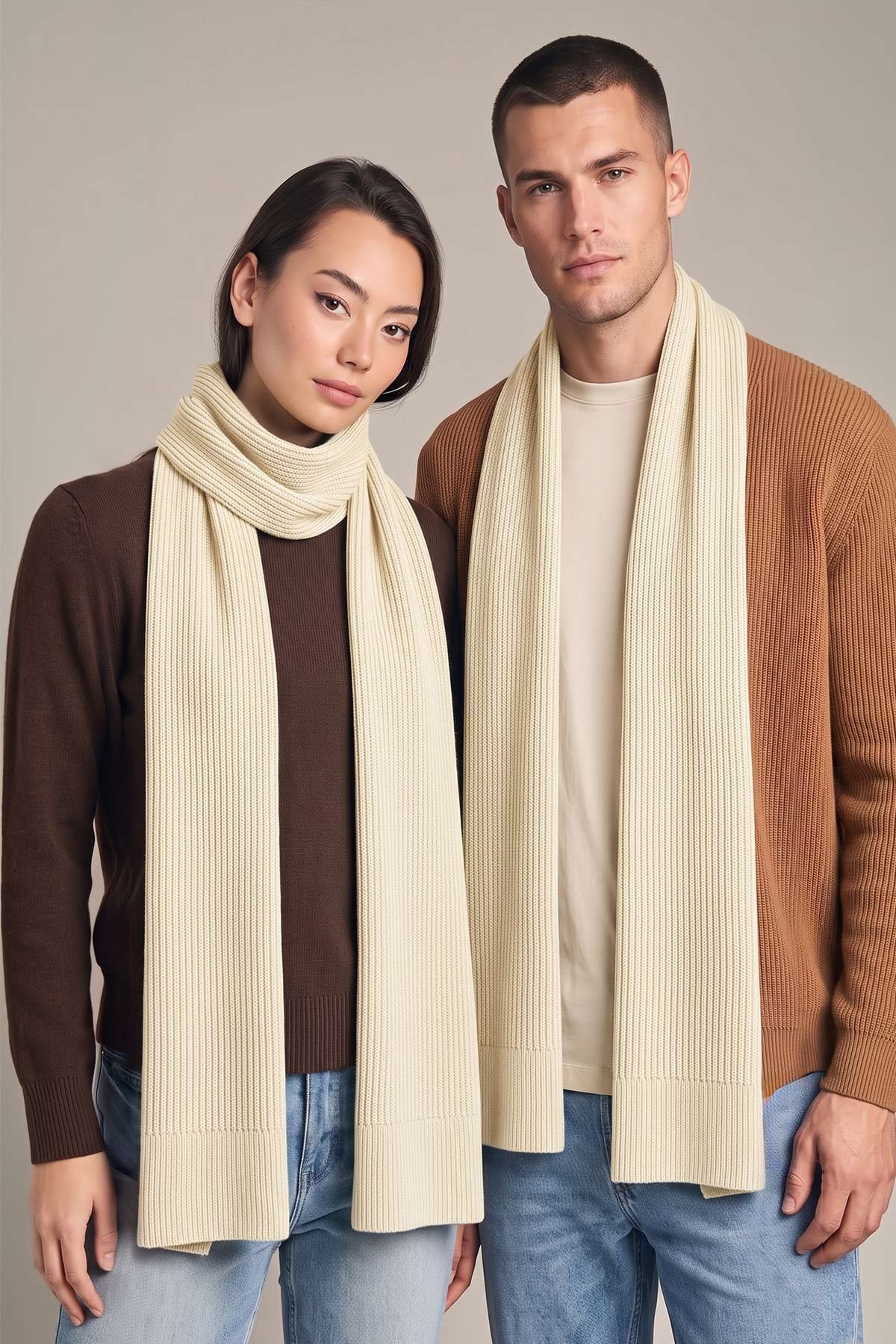Mısırlı Unisex Yün Fitilli Atkı Ekru