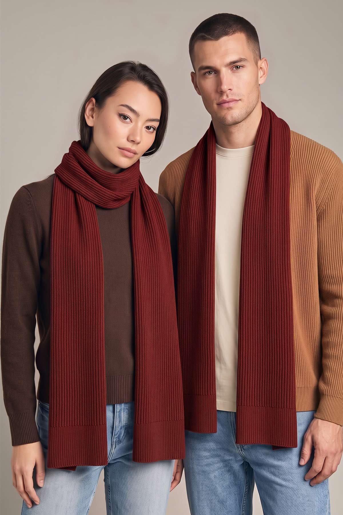Mısırlı Unisex Yün Fitilli Atkı Kırmızı
