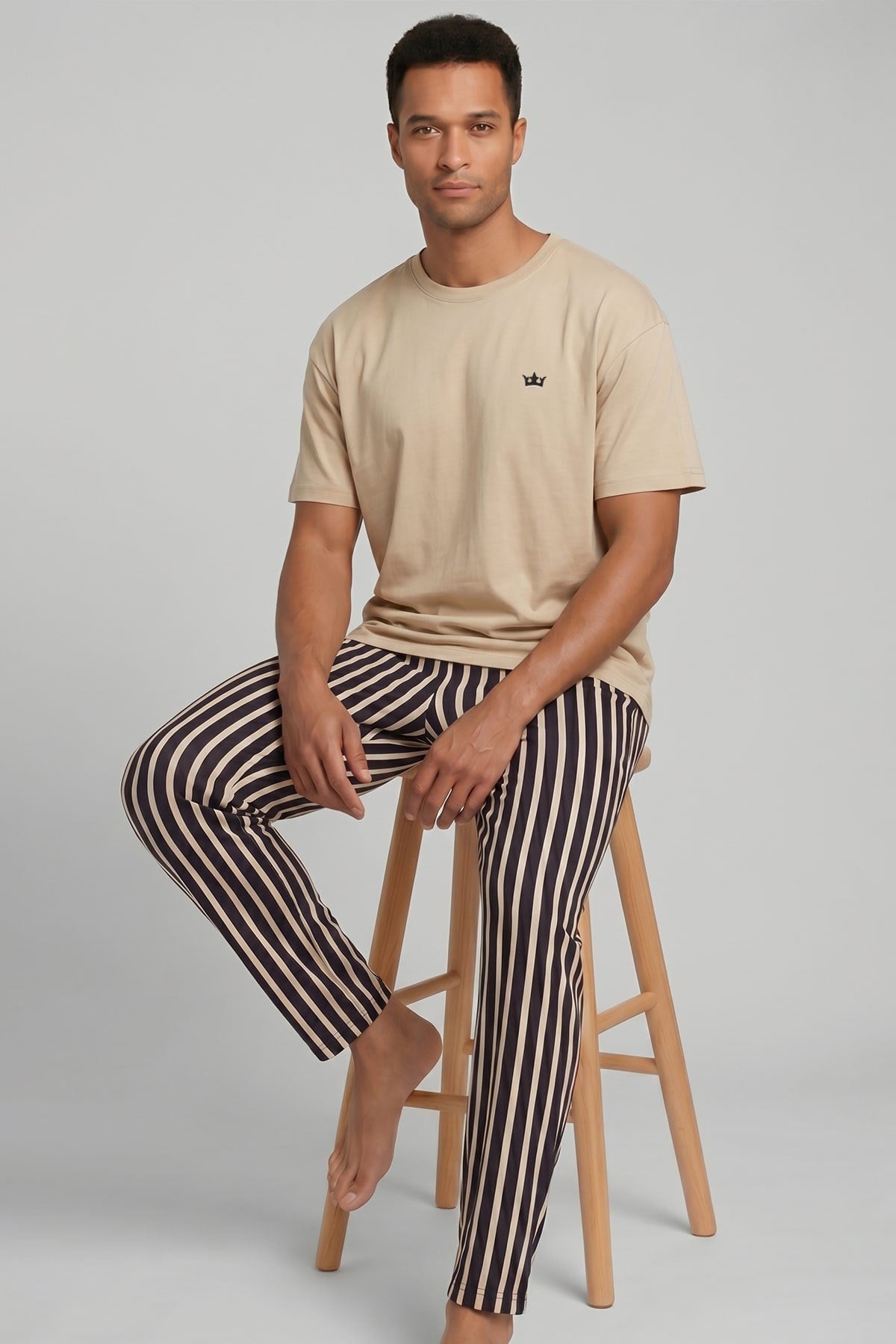 Pamuklu Kısa Kollu Pijama Takım Bej-Kahverengi