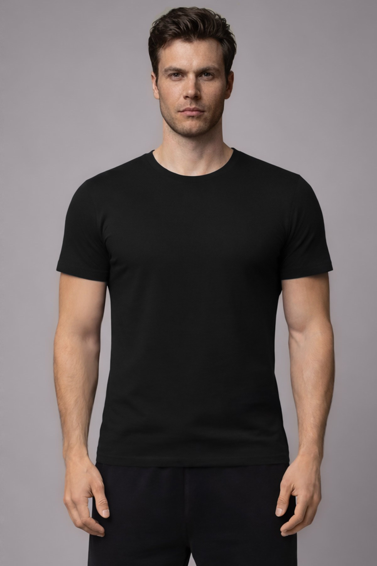 Unisex Modal Bisiklet Yaka Tişört Siyah