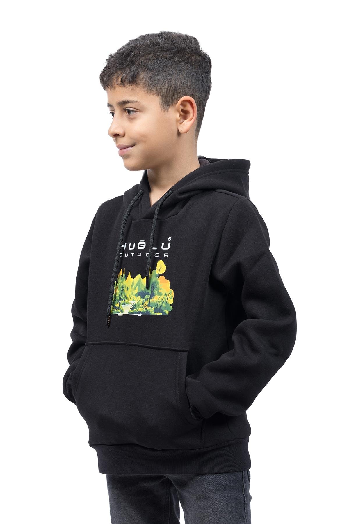 hugluoutdoorSiyah Orman Temalı Çocuk Kapüşonlu Sweatshirt