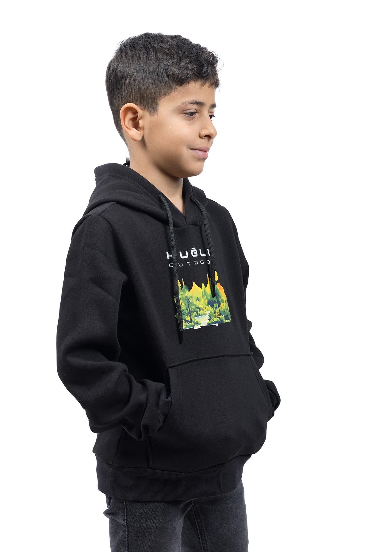 hugluoutdoorSiyah Orman Temalı Çocuk Kapüşonlu Sweatshirt