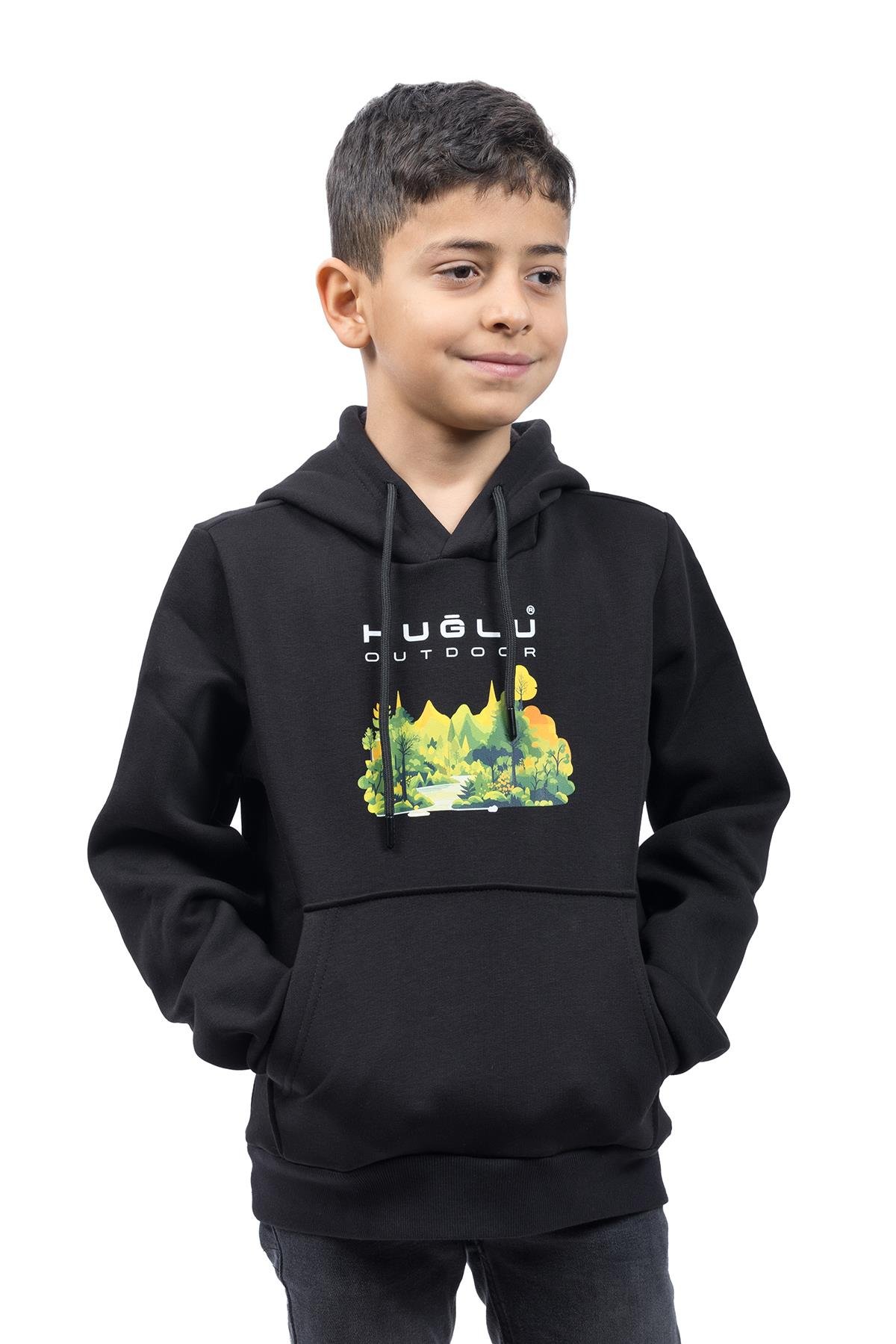hugluoutdoorSiyah Orman Temalı Çocuk Kapüşonlu Sweatshirt
