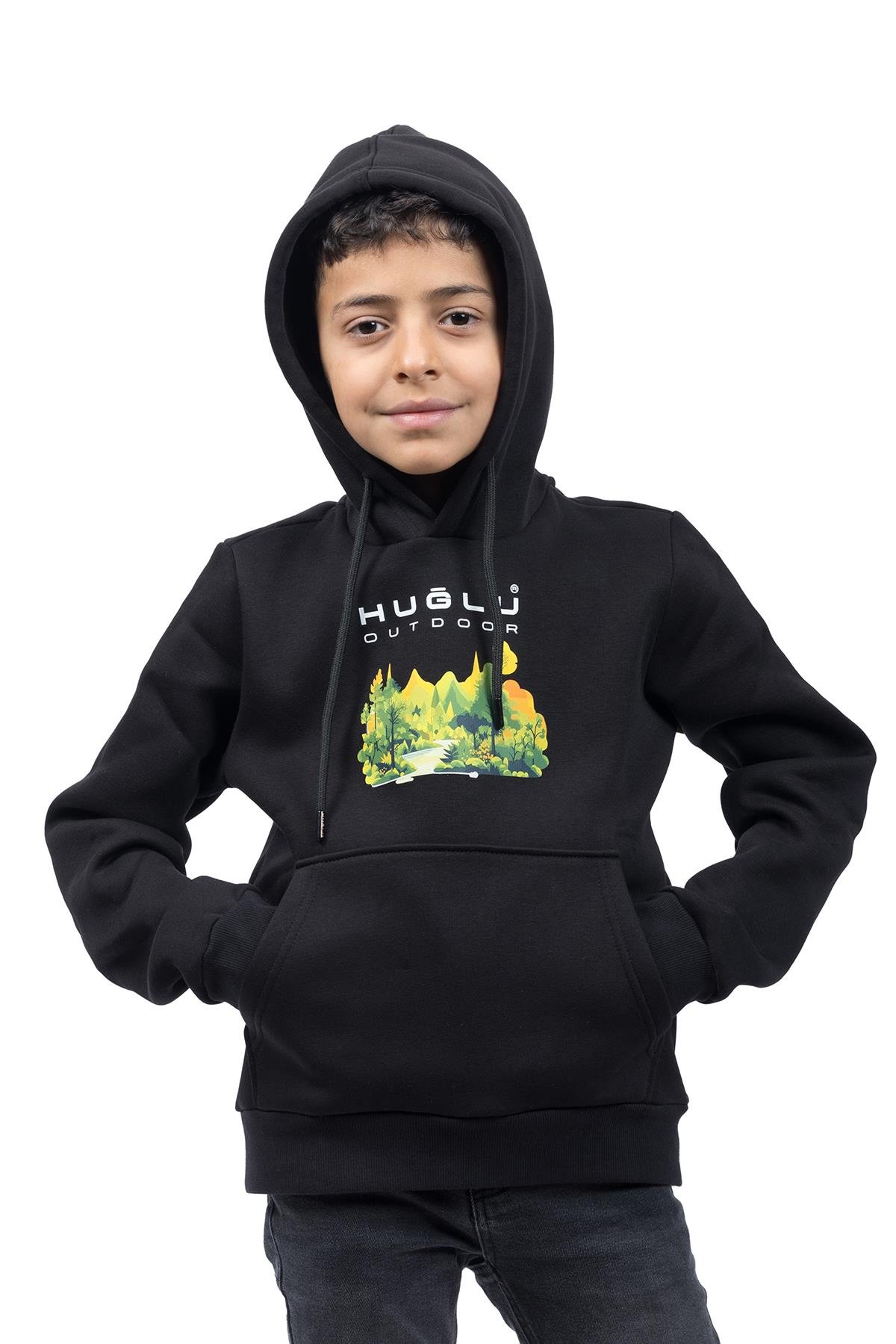 hugluoutdoorSiyah Orman Temalı Çocuk Kapüşonlu Sweatshirt