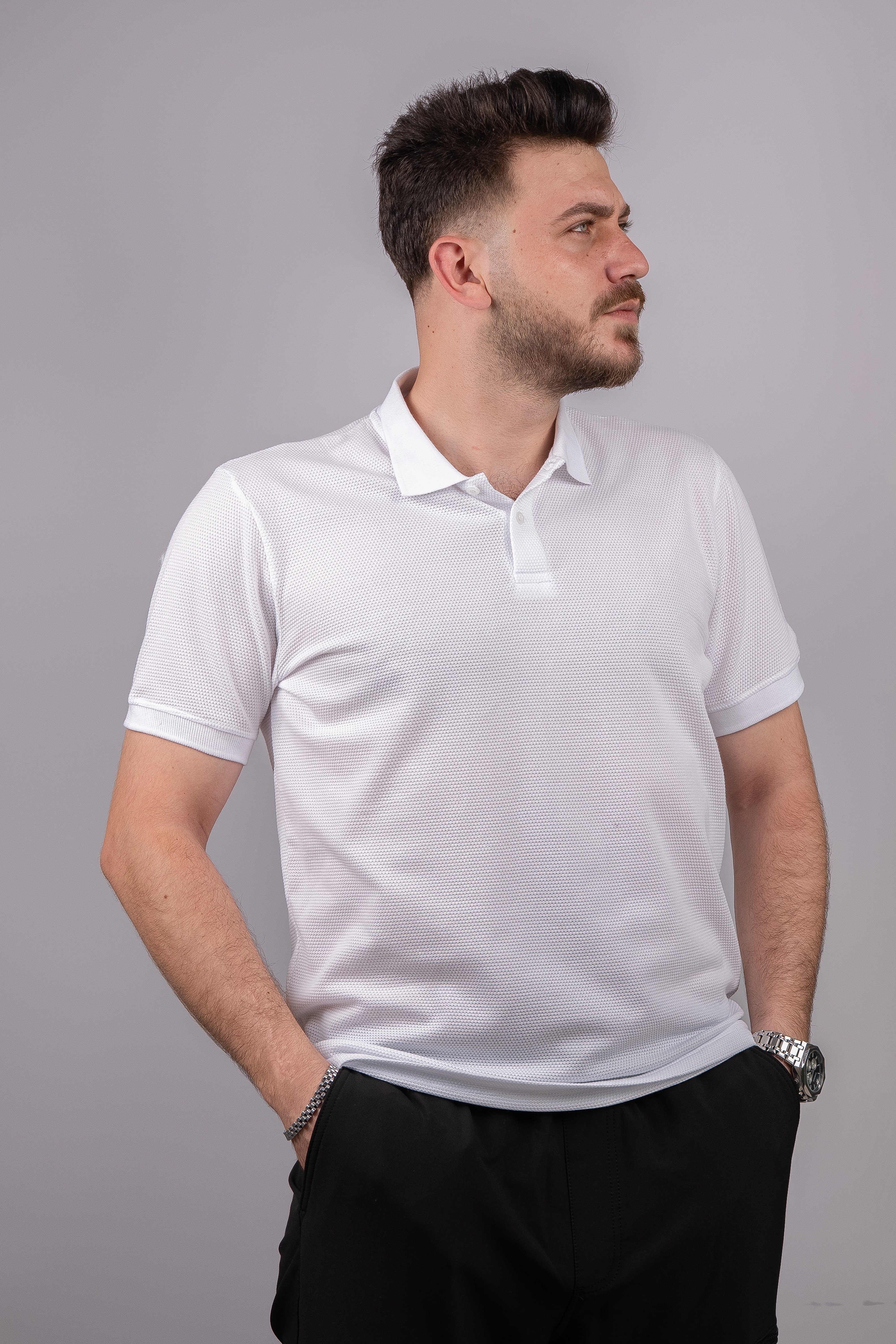 Huğlu Outdoor Beyaz Petek Desen Polo Yaka T-Shirt 