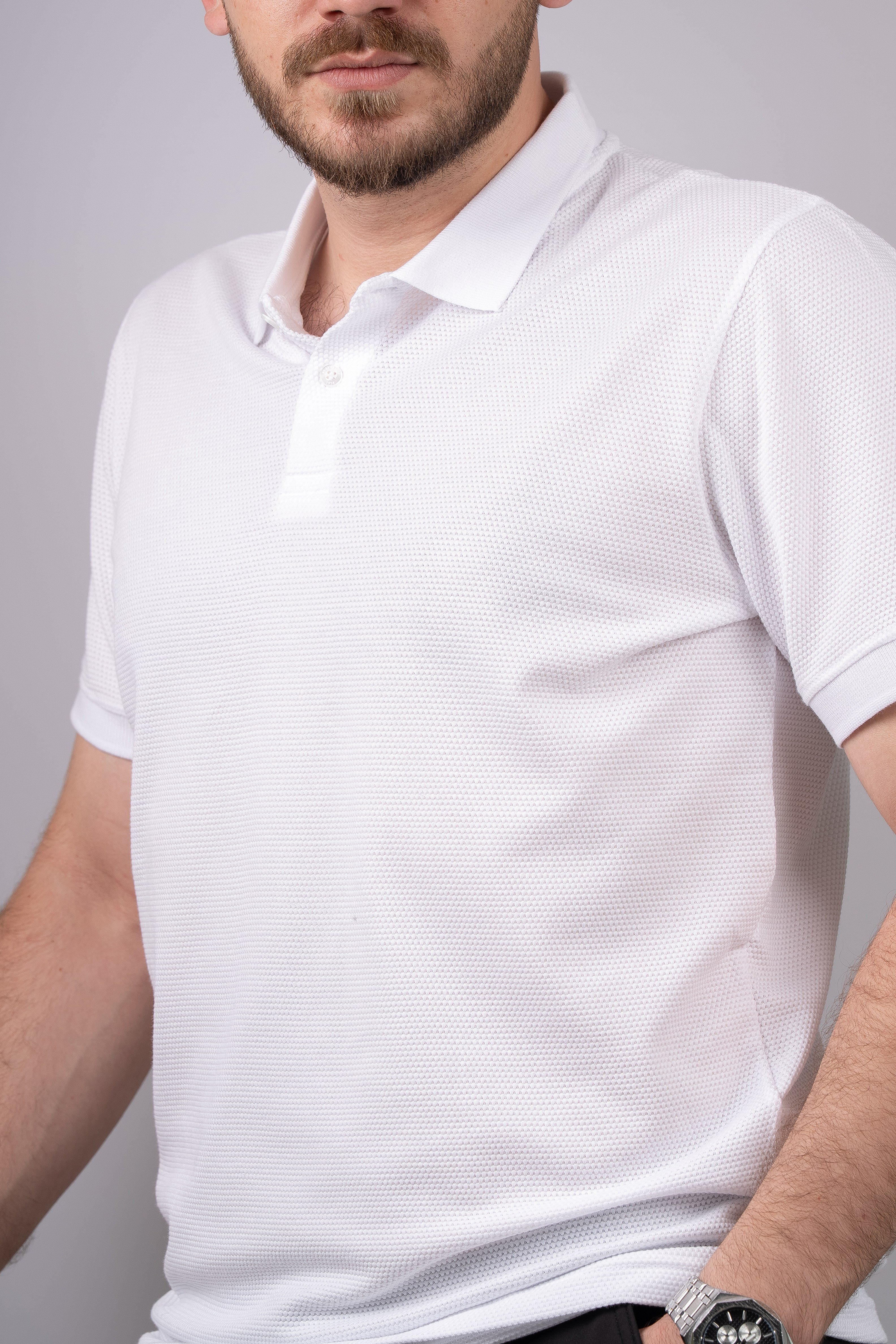 Huğlu Outdoor Beyaz Petek Desen Polo Yaka T-Shirt 