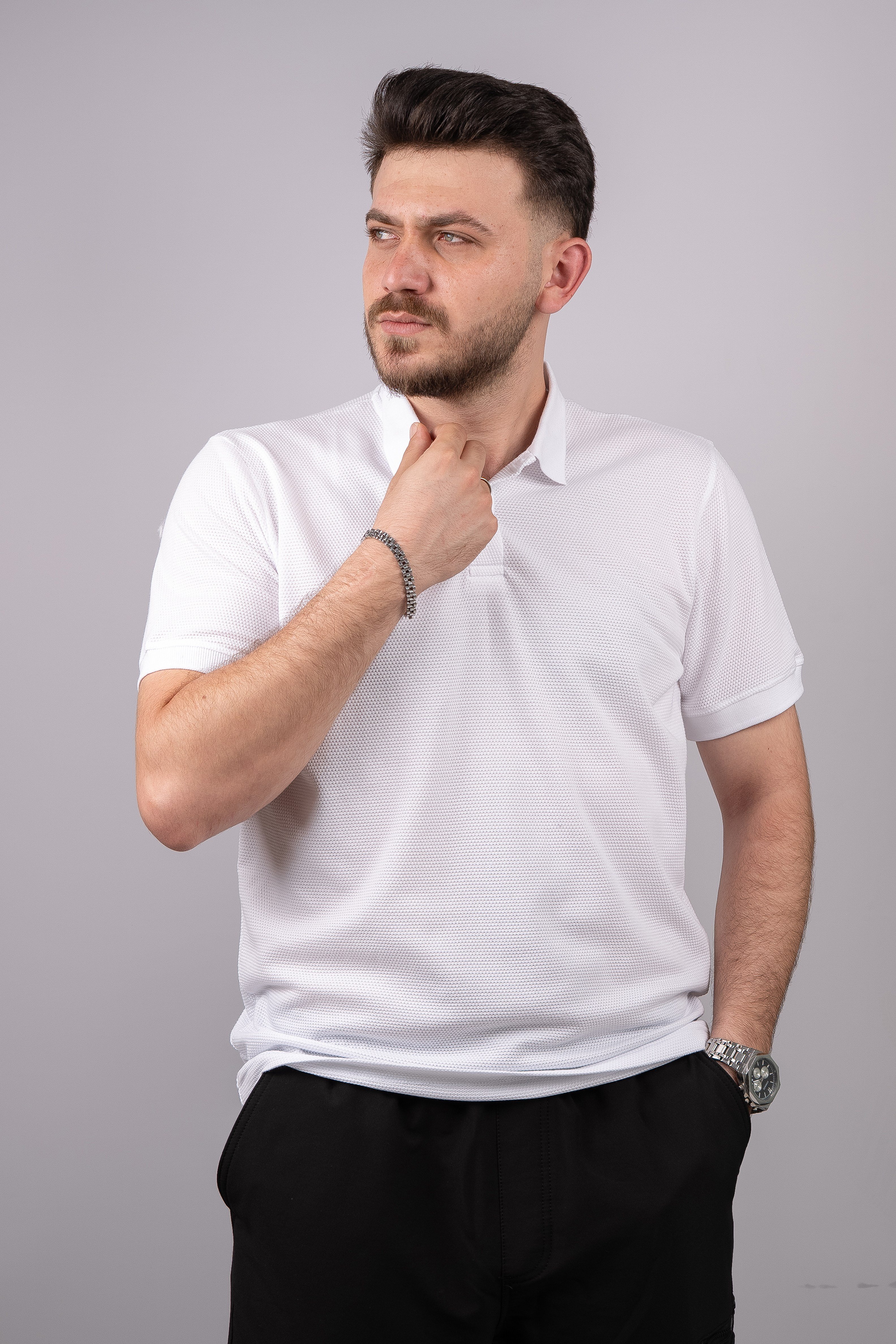 Huğlu Outdoor Beyaz Petek Desen Polo Yaka T-Shirt 