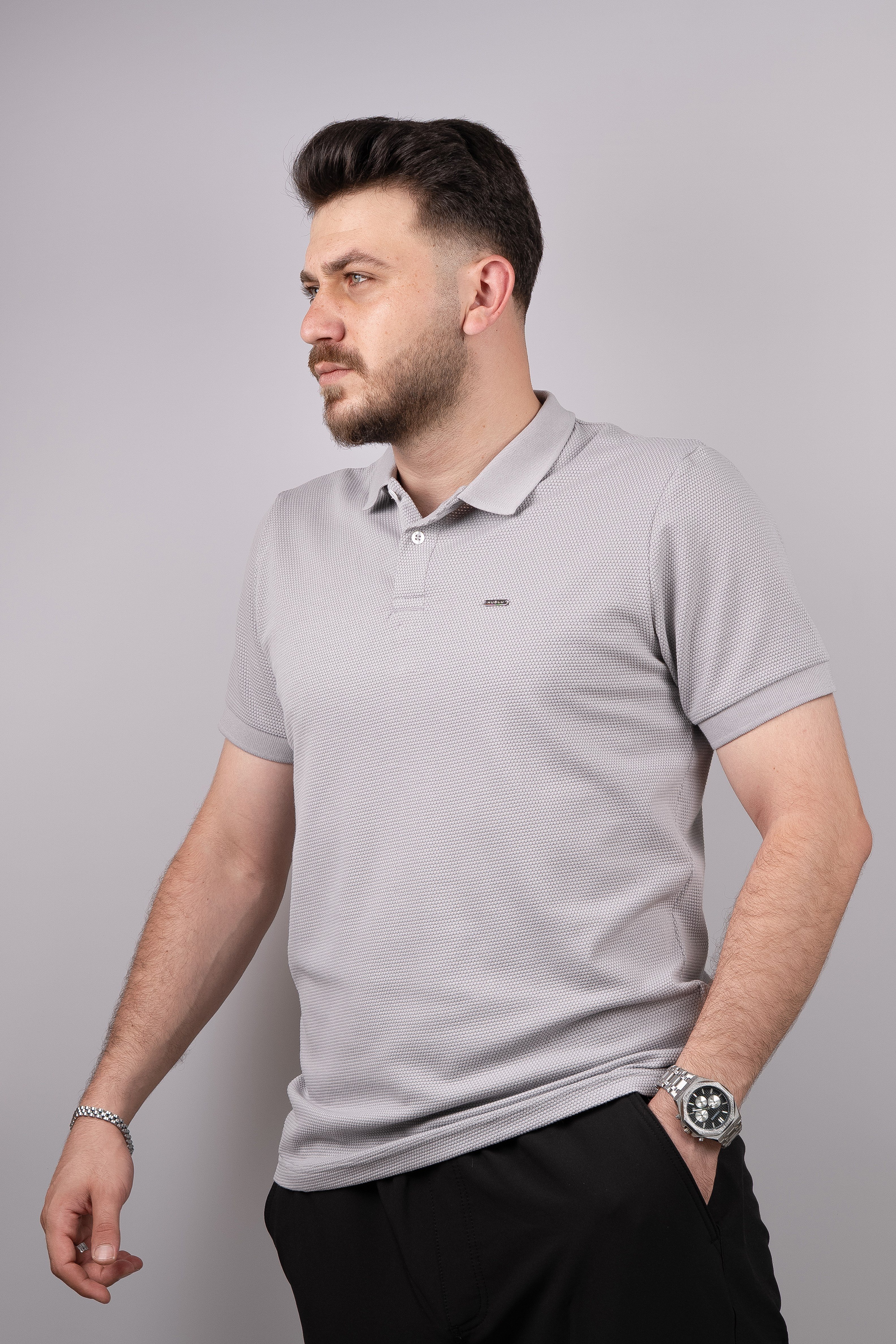 Huğlu Outdoor Açık Gri Petek Desen Polo Yaka T-Shirt 
