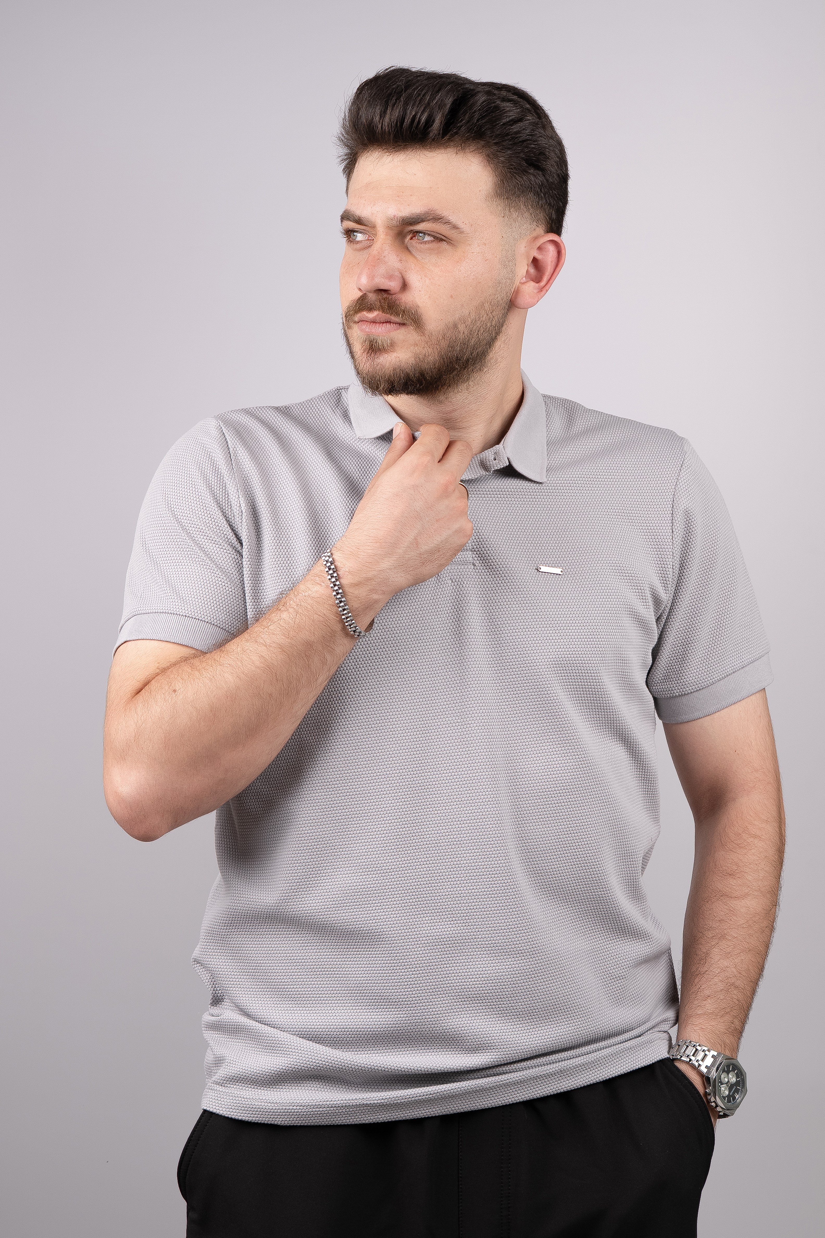 Huğlu Outdoor Açık Gri Petek Desen Polo Yaka T-Shirt 