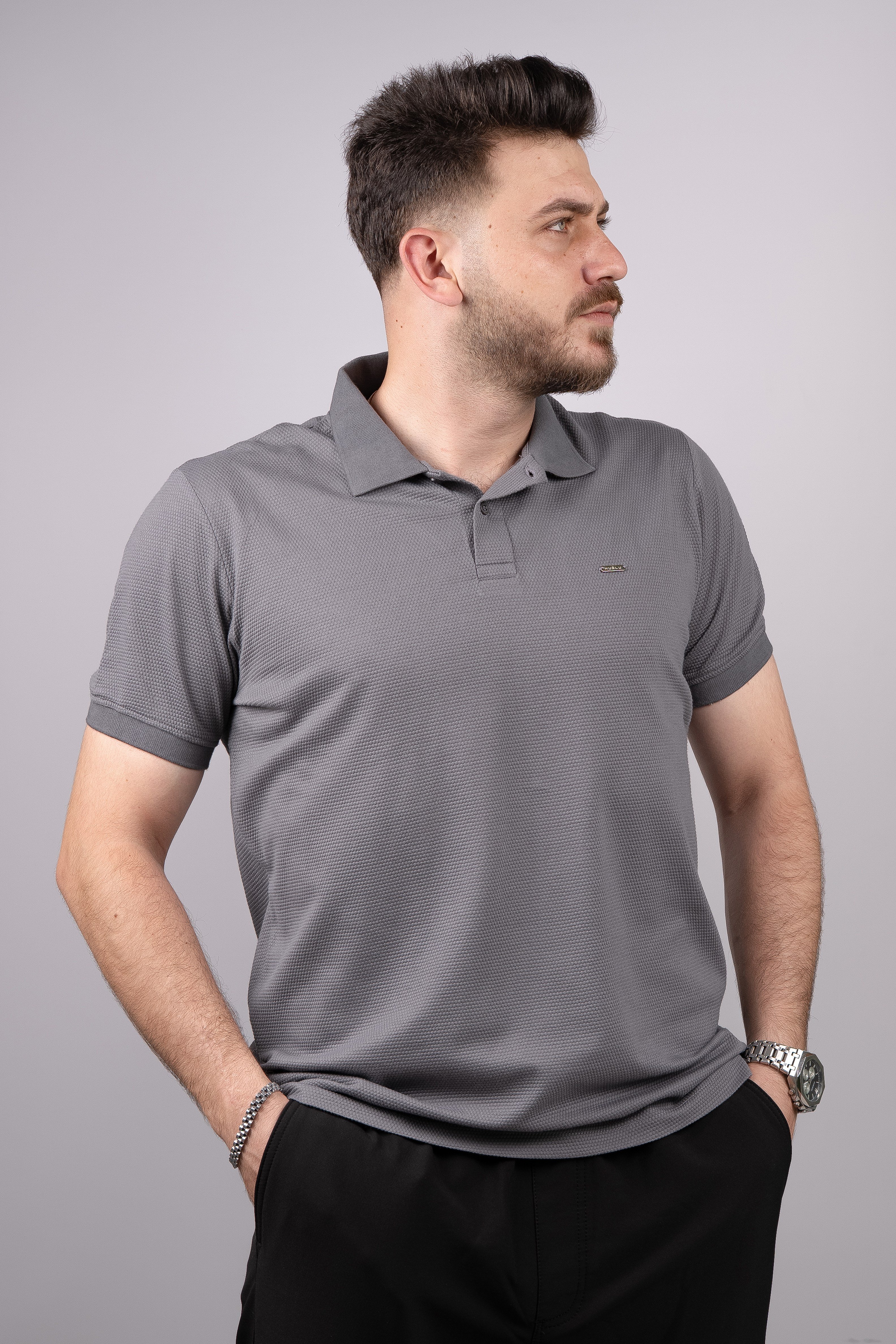 Huğlu Outdoor Koyu Gri Petek Desen Polo Yaka T-Shirt 