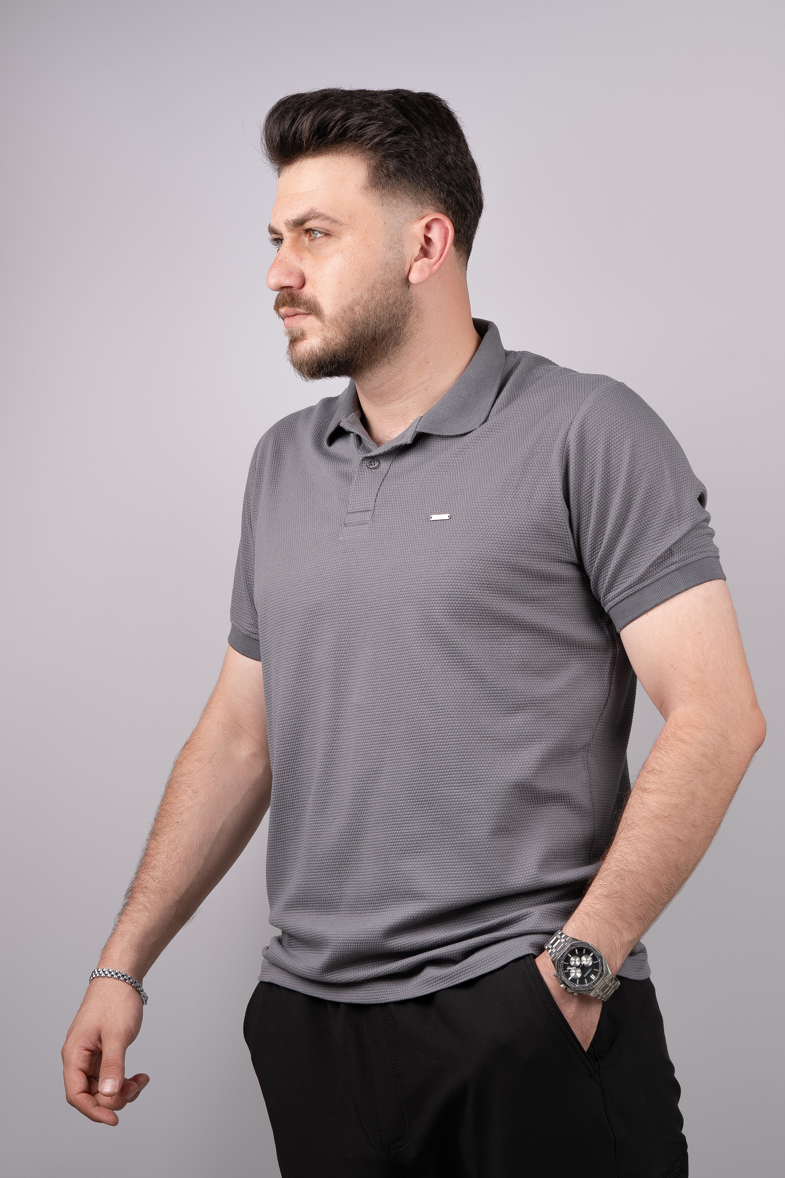 Huğlu Outdoor Koyu Gri Petek Desen Polo Yaka T-Shirt 