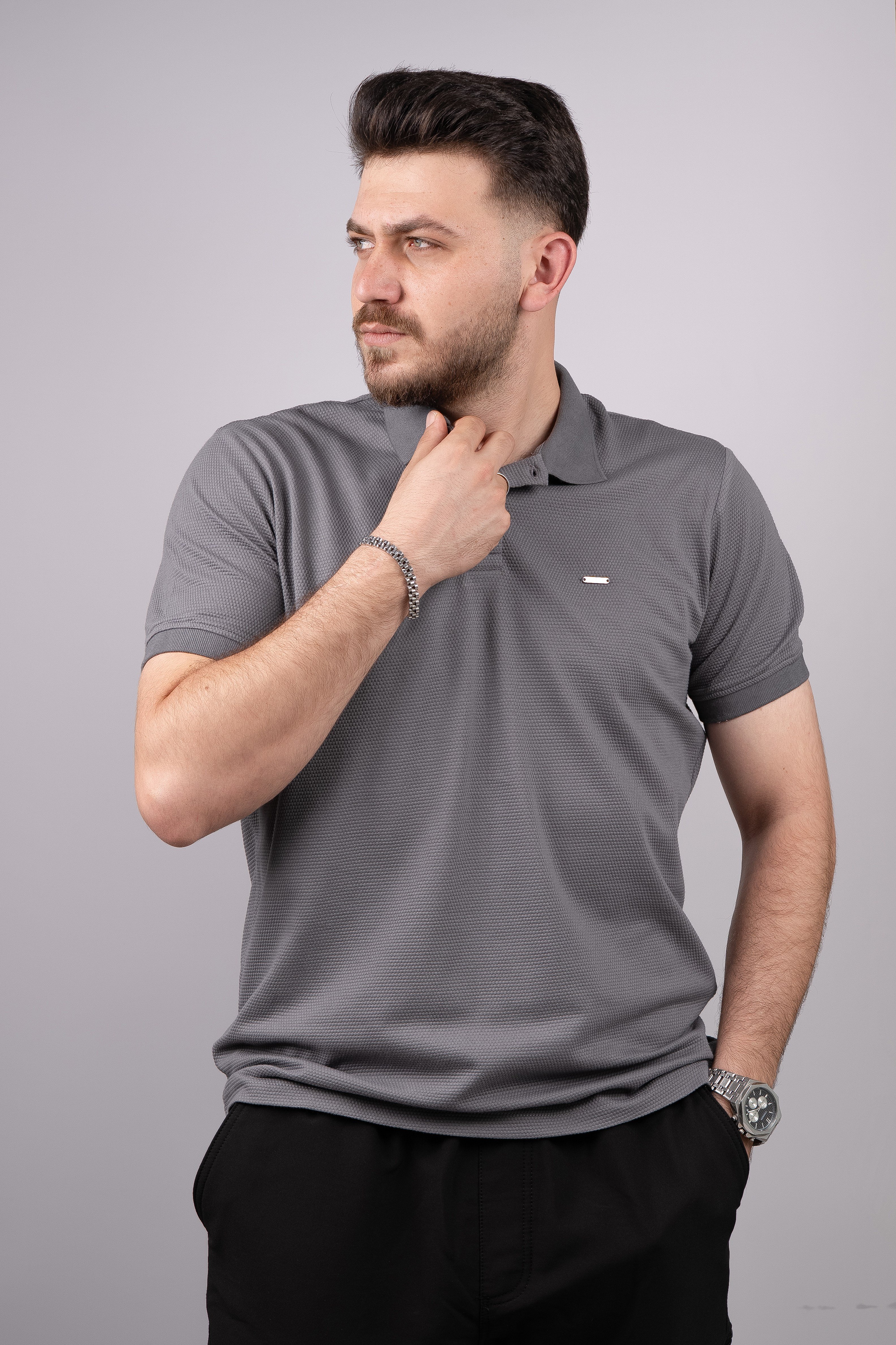Huğlu Outdoor Koyu Gri Petek Desen Polo Yaka T-Shirt 