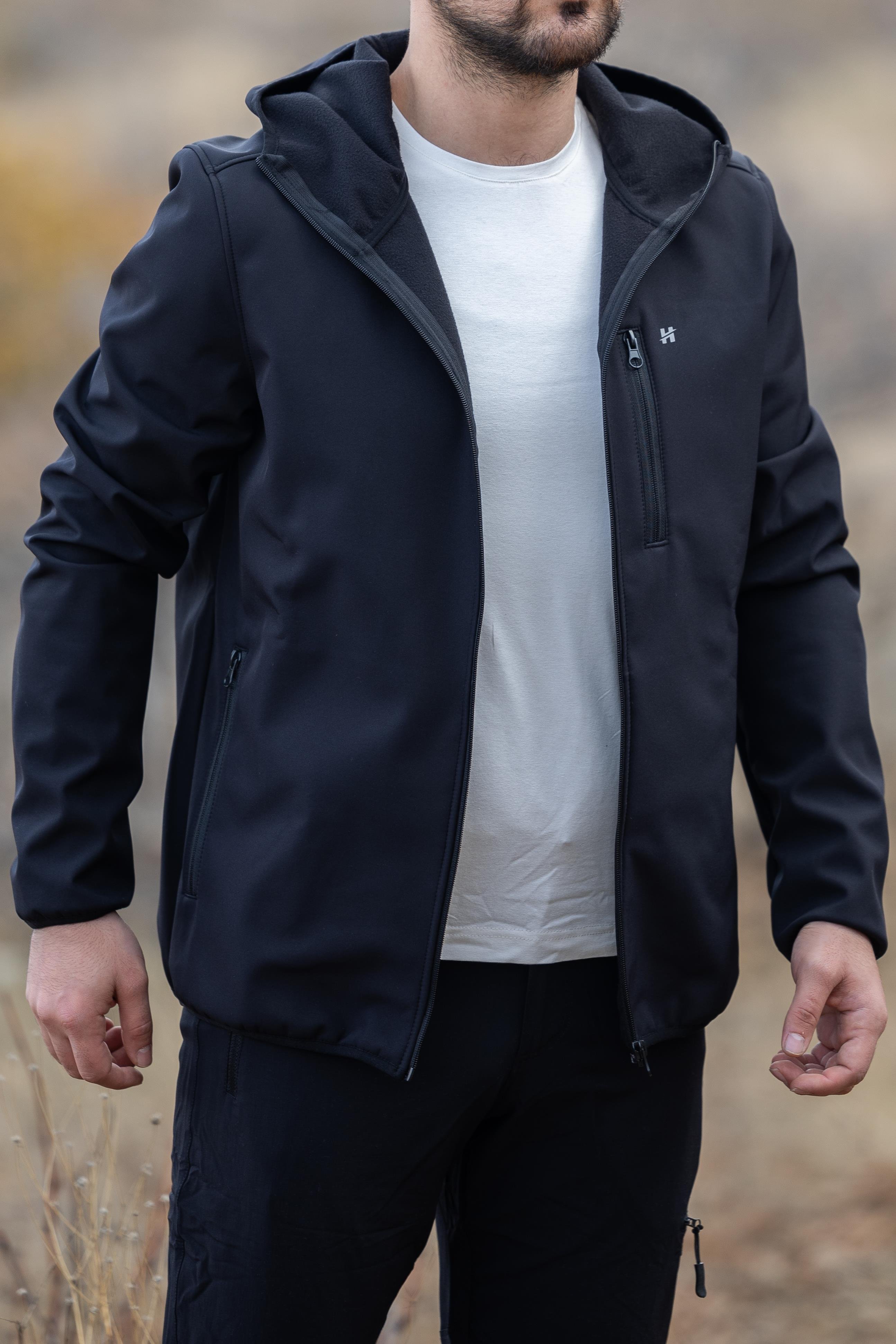 hugluoutdoorSiyah Kapüşonlu Softshell Mont