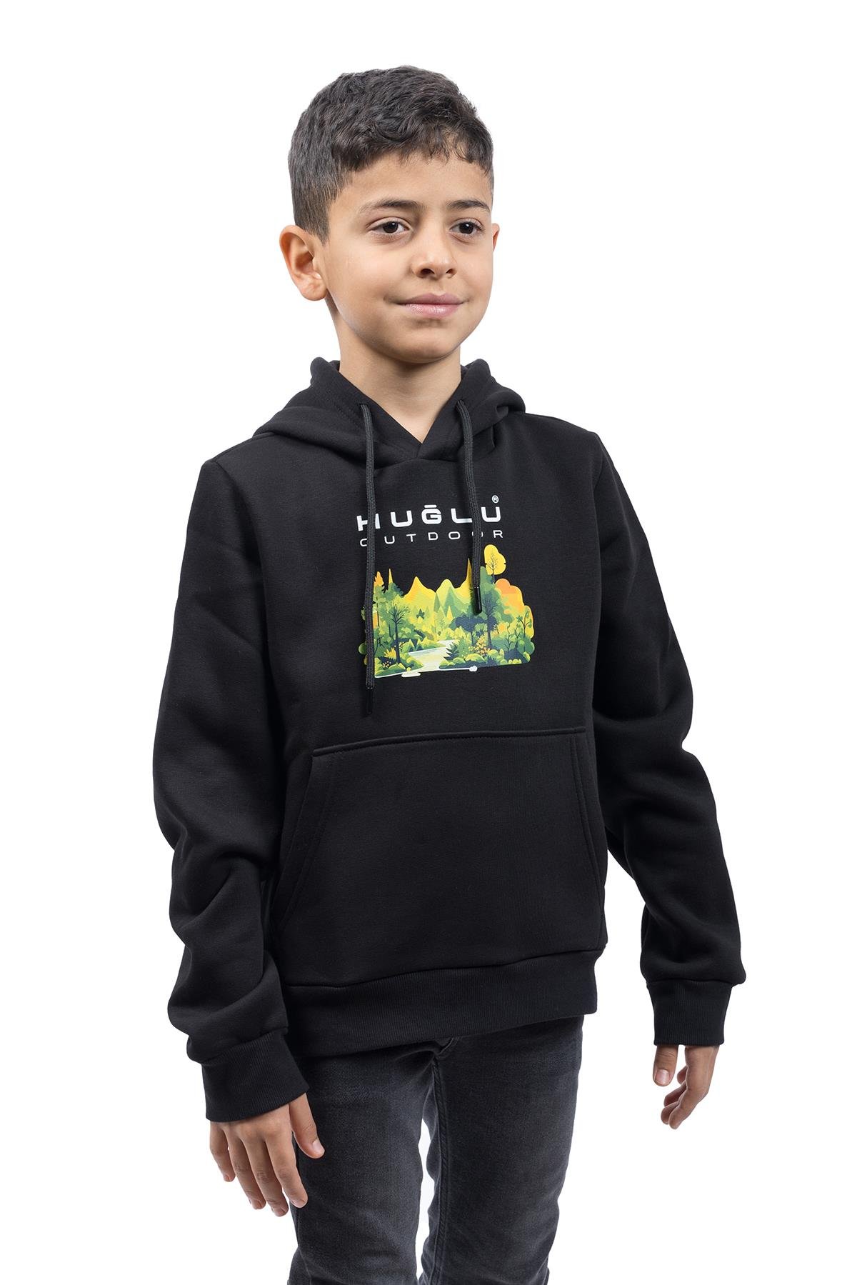 hugluoutdoorSiyah Kapüşonlu Çocuk Sweatshirt  Orman Temalı