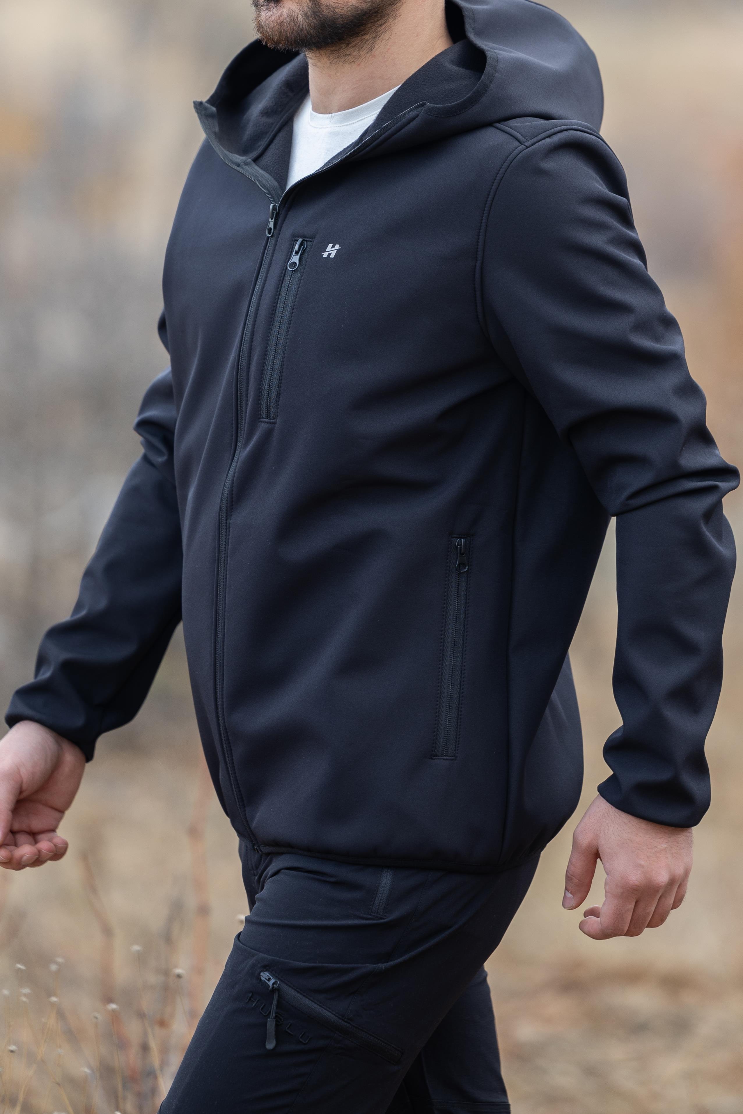 hugluoutdoorSiyah Kapüşonlu Softshell Mont