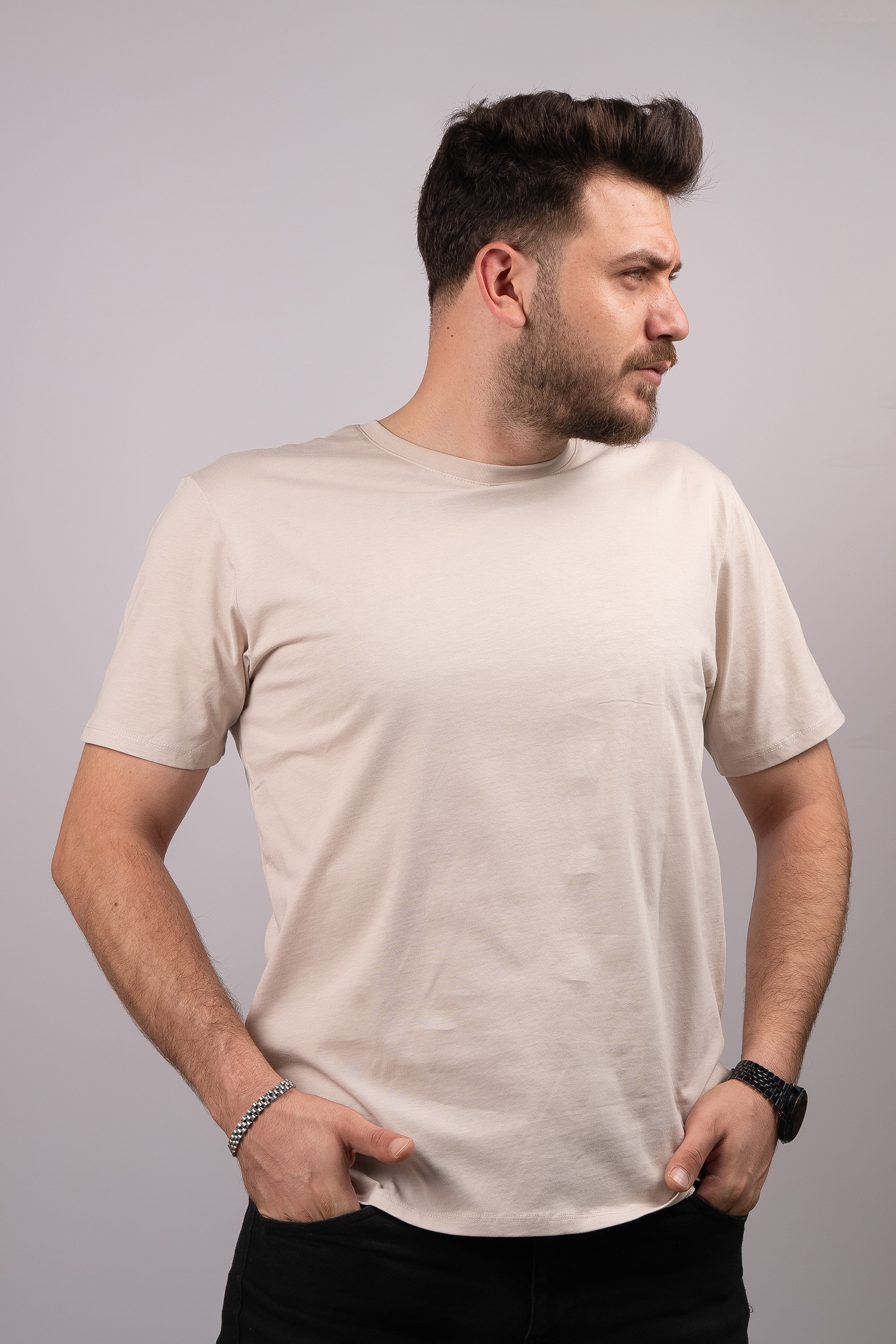 Huğlu Outdoor Fit Kalıp Baskısız Bej T-shirt